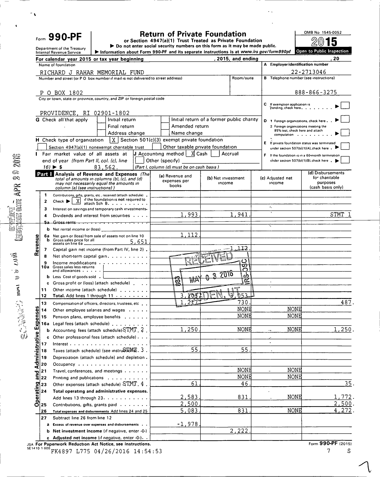 Image of first page of 2015 Form 990PF for Richard J Rahar Memorial Fund