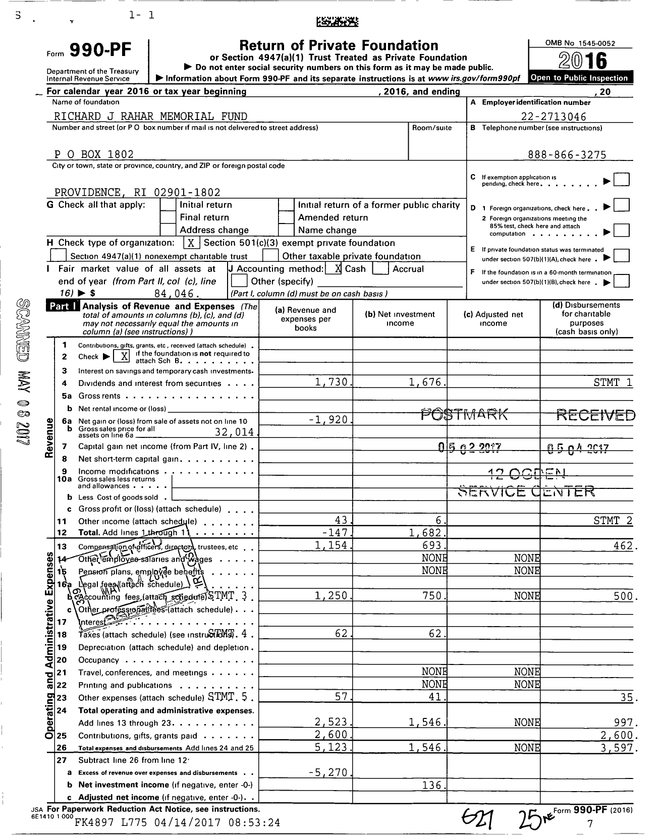 Image of first page of 2016 Form 990PF for Richard J Rahar Memorial Fund