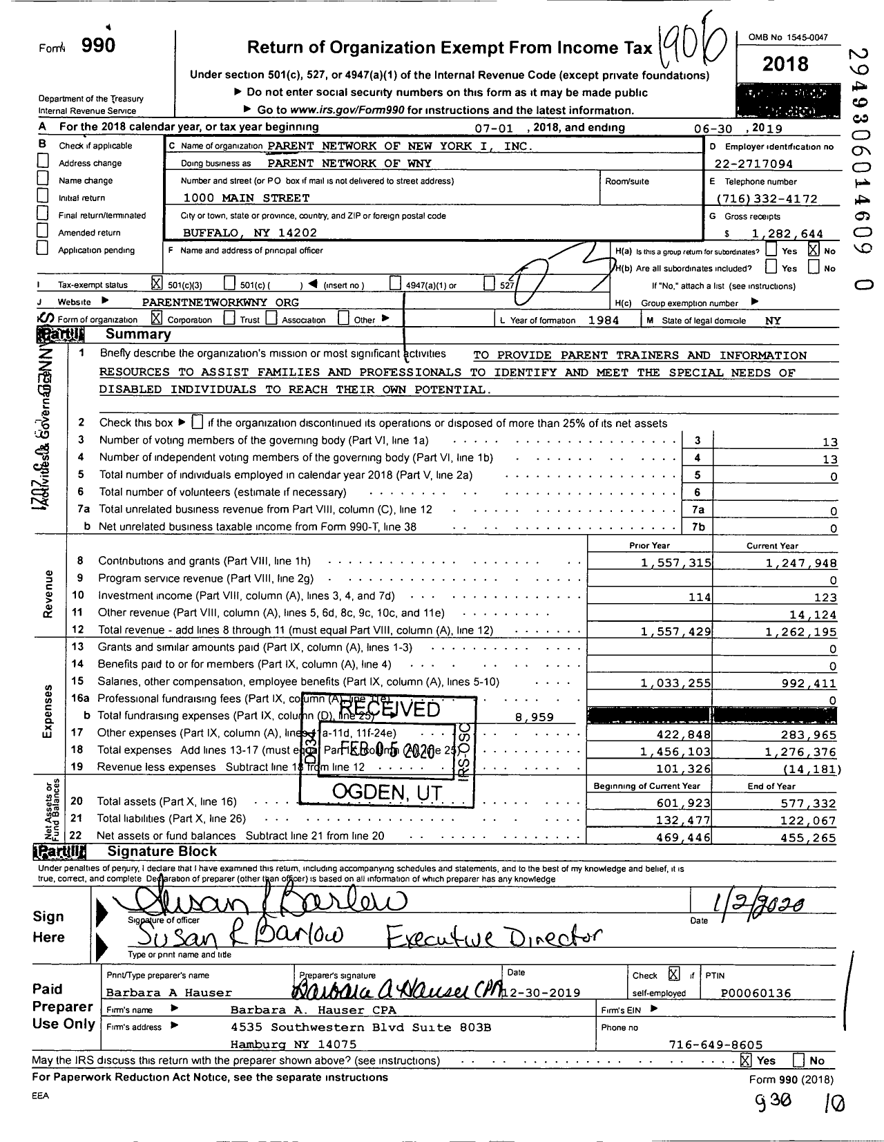 Image of first page of 2018 Form 990 for Parent Network of Wny