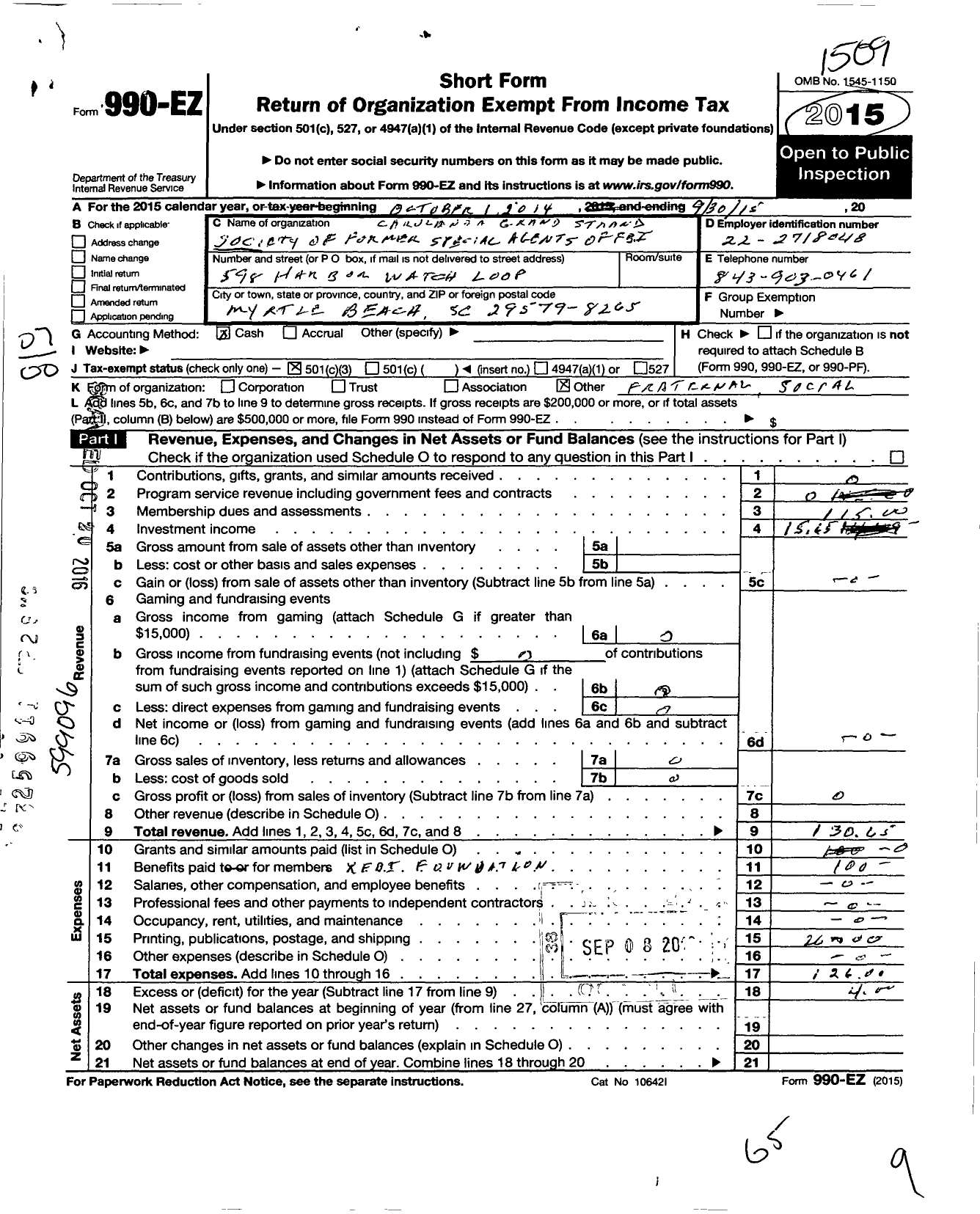 Image of first page of 2014 Form 990EZ for Society of Former Special Agents of the Fbi - 425 Carolina Grand Strand