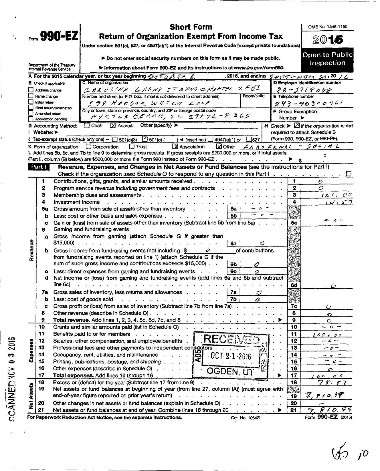 Image of first page of 2015 Form 990EO for Society of Former Special Agents of the Fbi - 425 Carolina Grand Strand