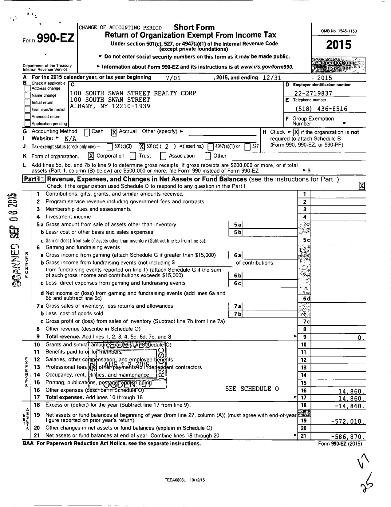 Image of first page of 2015 Form 990EO for 100 South Swan Street Realty Corporation