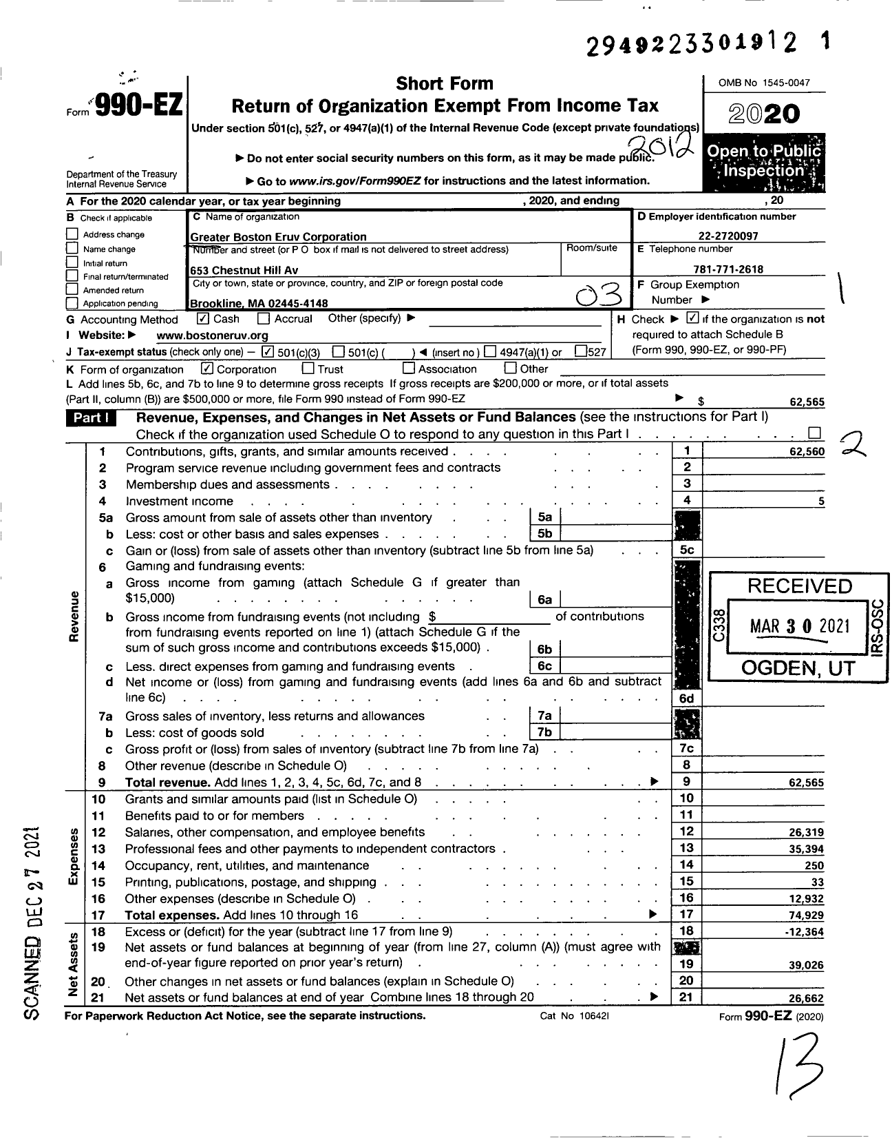 Image of first page of 2020 Form 990EZ for Greater Boston Eruv Corporation