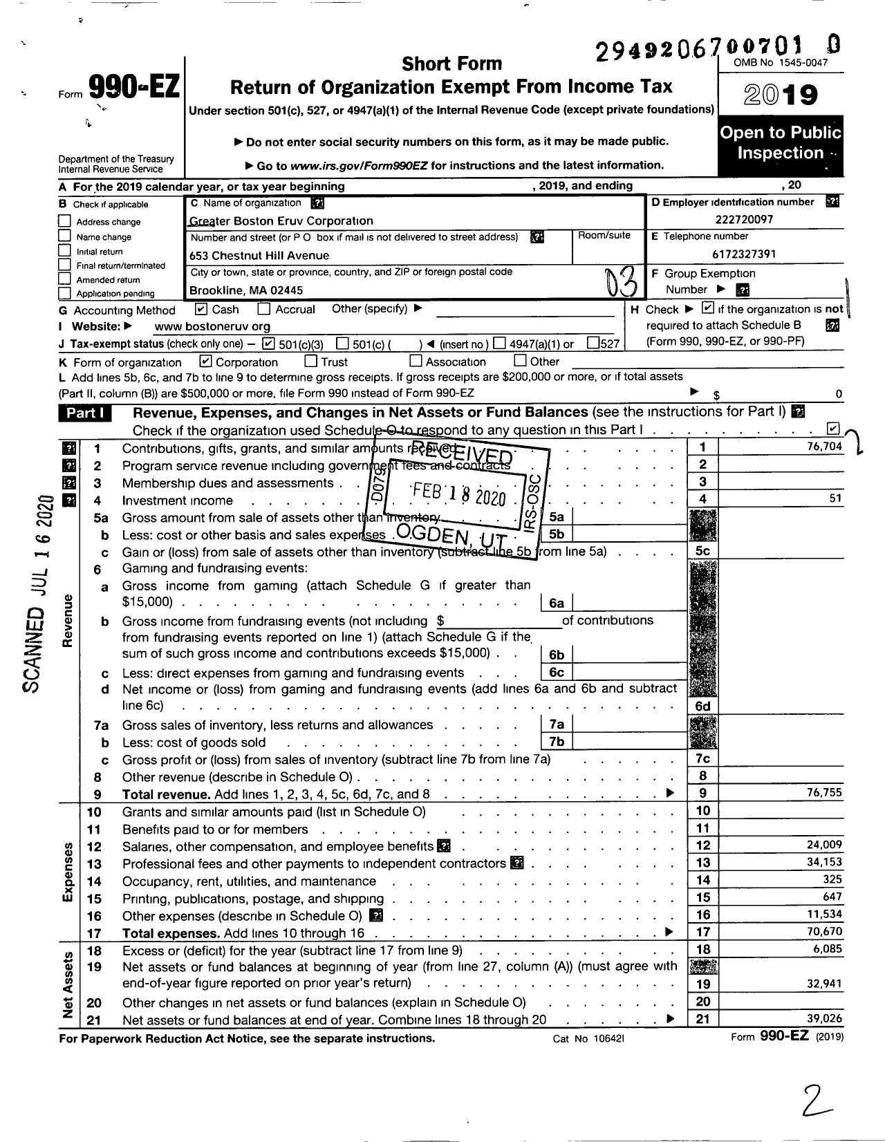 Image of first page of 2019 Form 990EZ for Greater Boston Eruv Corporation