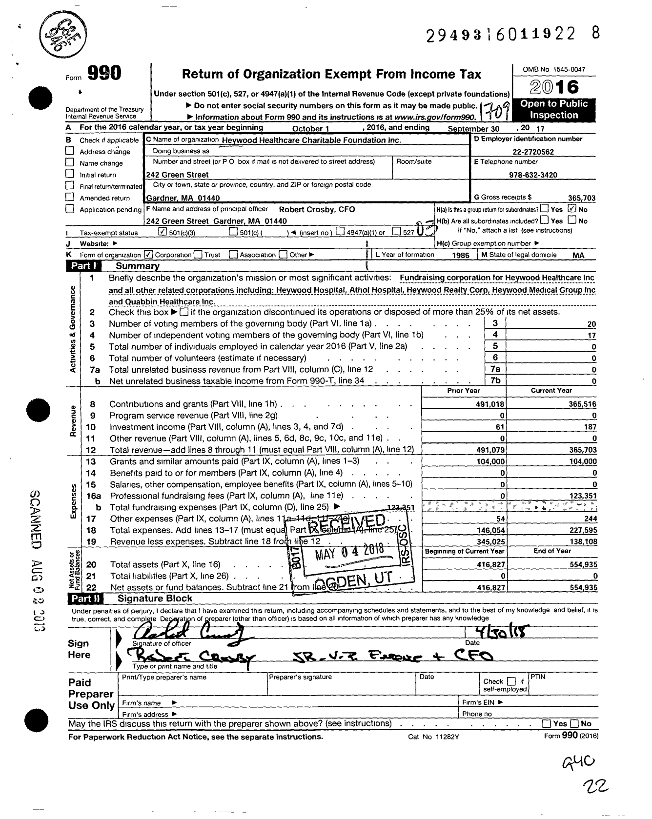 Image of first page of 2016 Form 990 for Heywood Healthcare Charitable Foundation