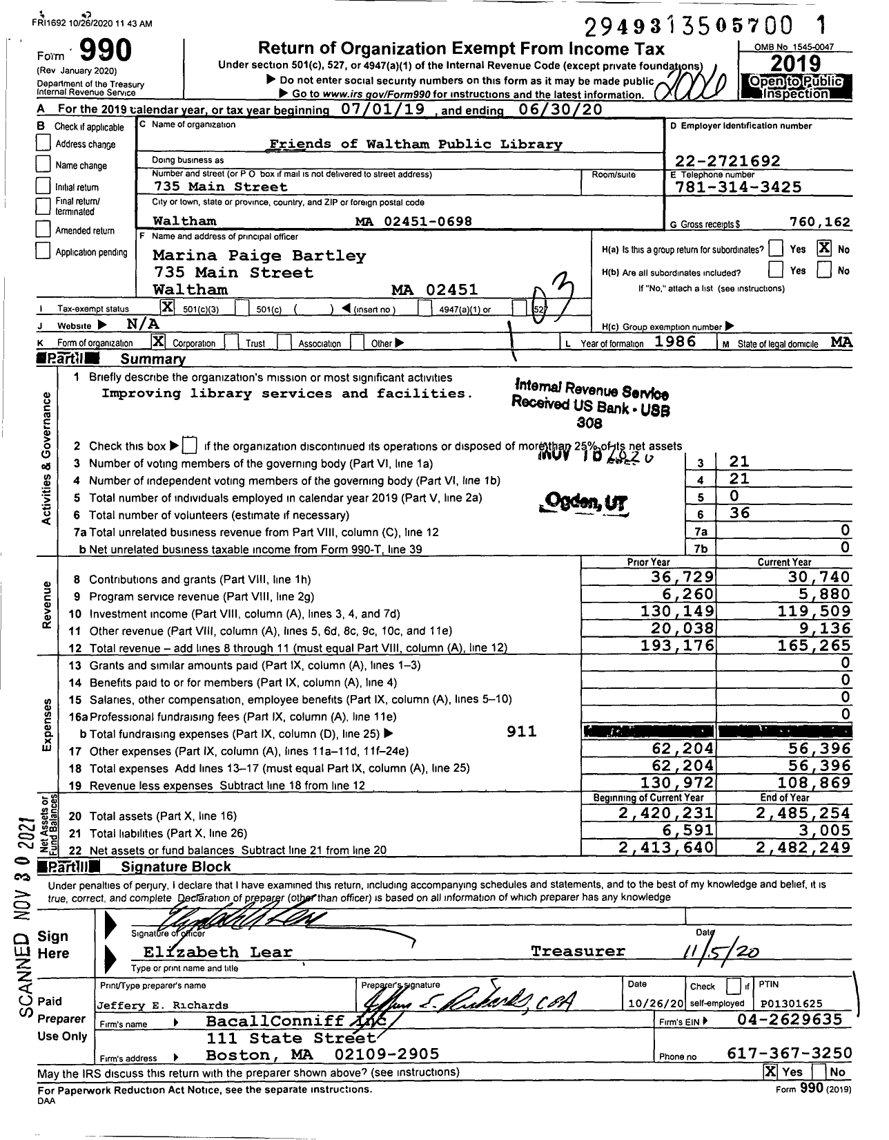 Image of first page of 2019 Form 990 for Friends of Waltham Public Library