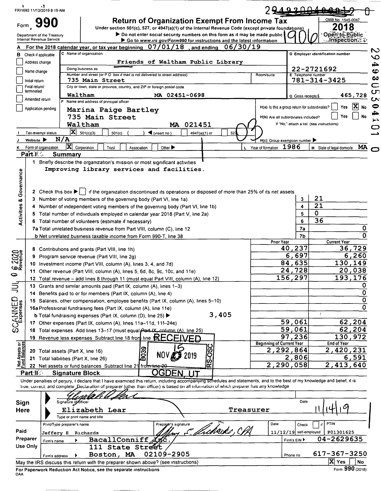 Image of first page of 2018 Form 990 for Friends of Waltham Public Library