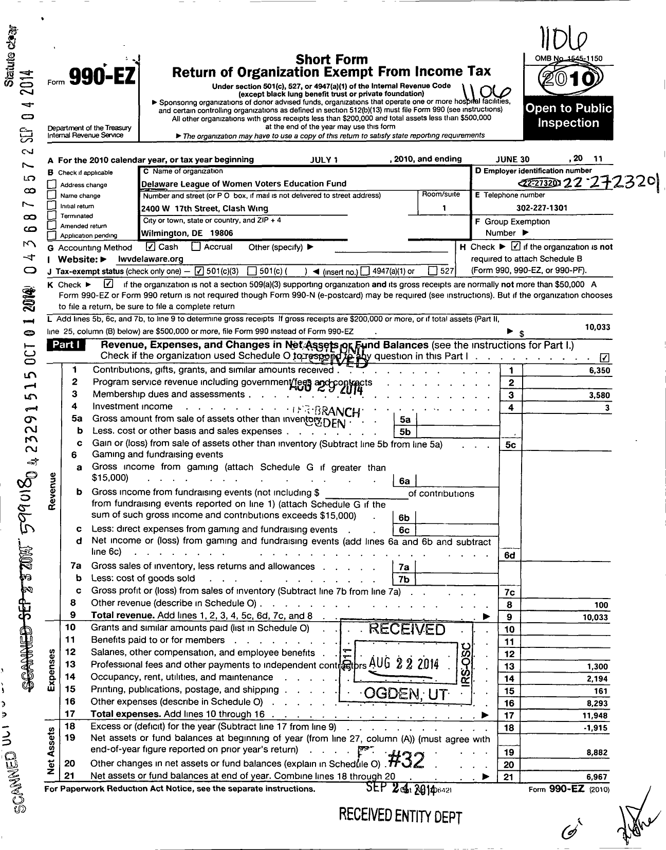 Image of first page of 2010 Form 990EZ for League of Women Voters of Delaware