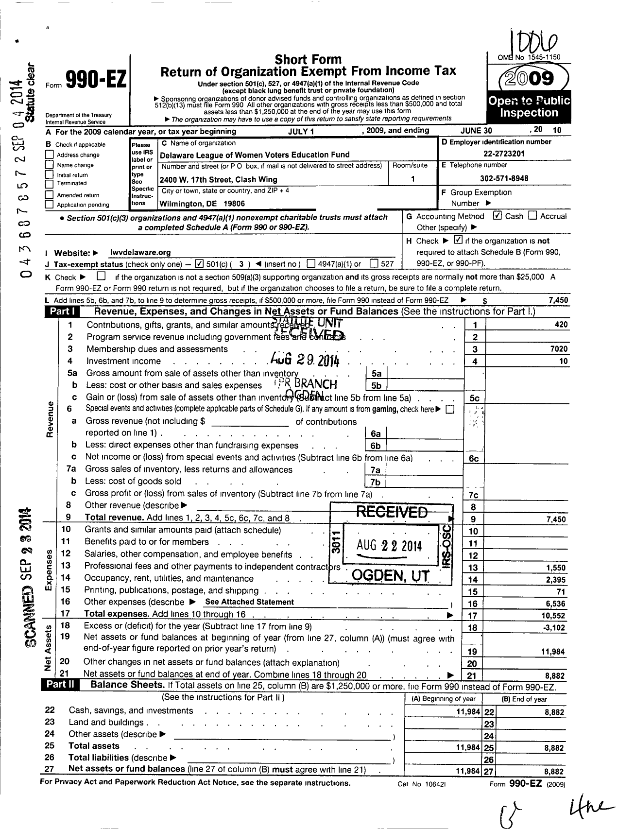 Image of first page of 2009 Form 990EZ for League of Women Voters of Delaware