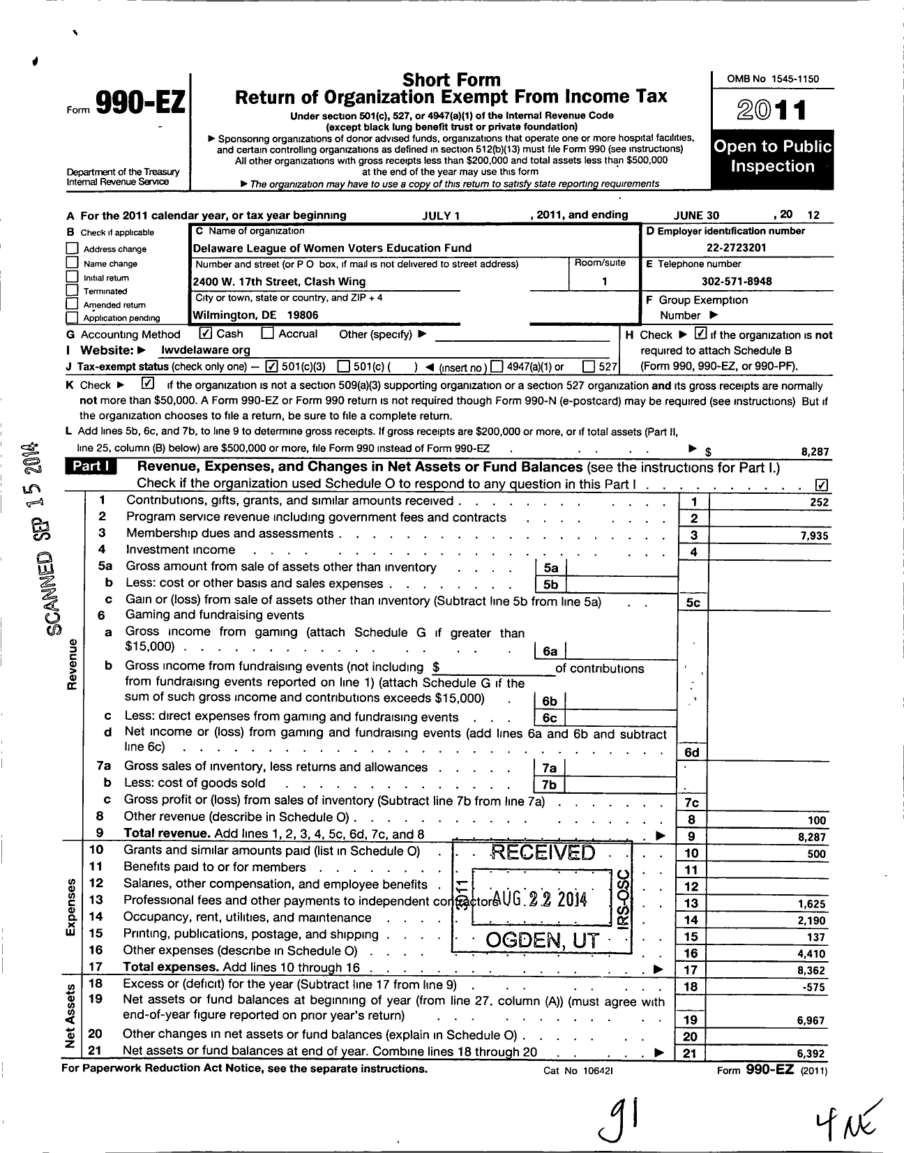 Image of first page of 2011 Form 990EZ for League of Women Voters of Delaware