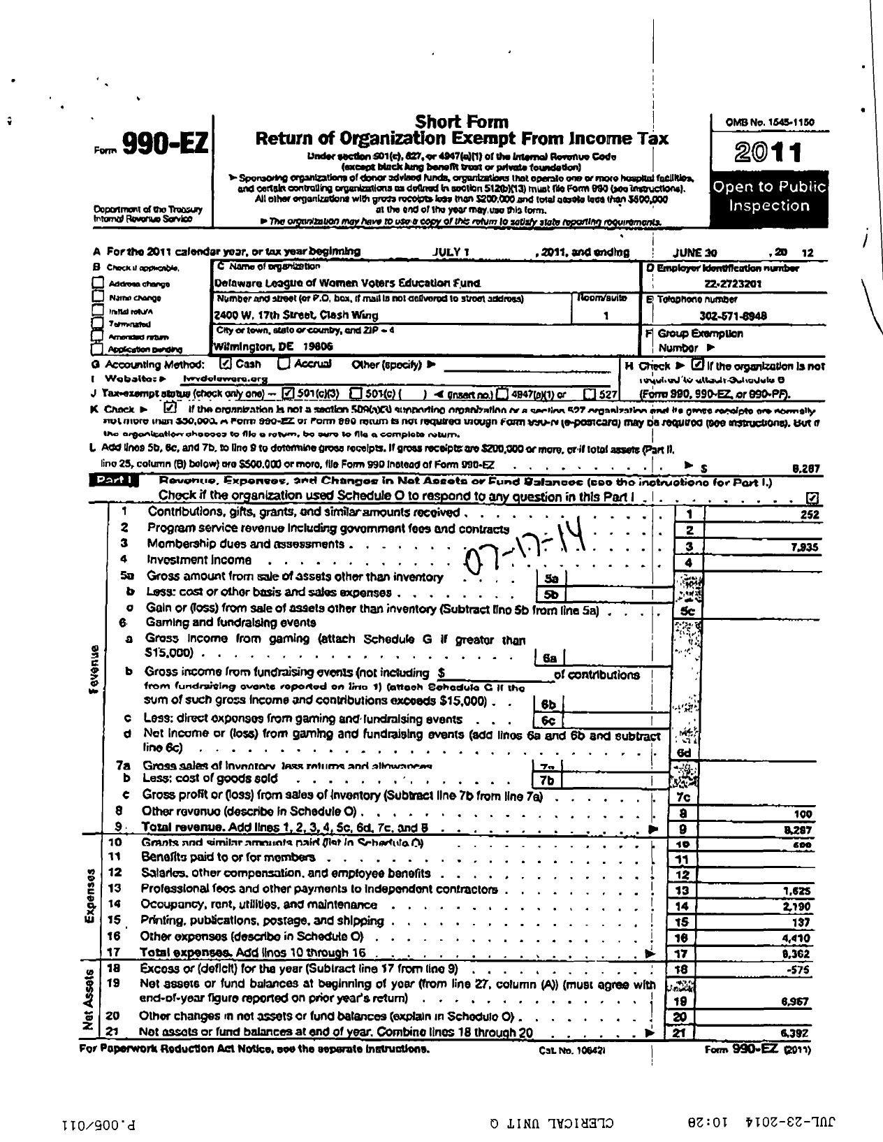 Image of first page of 2011 Form 990EZ for League of Women Voters of Delaware