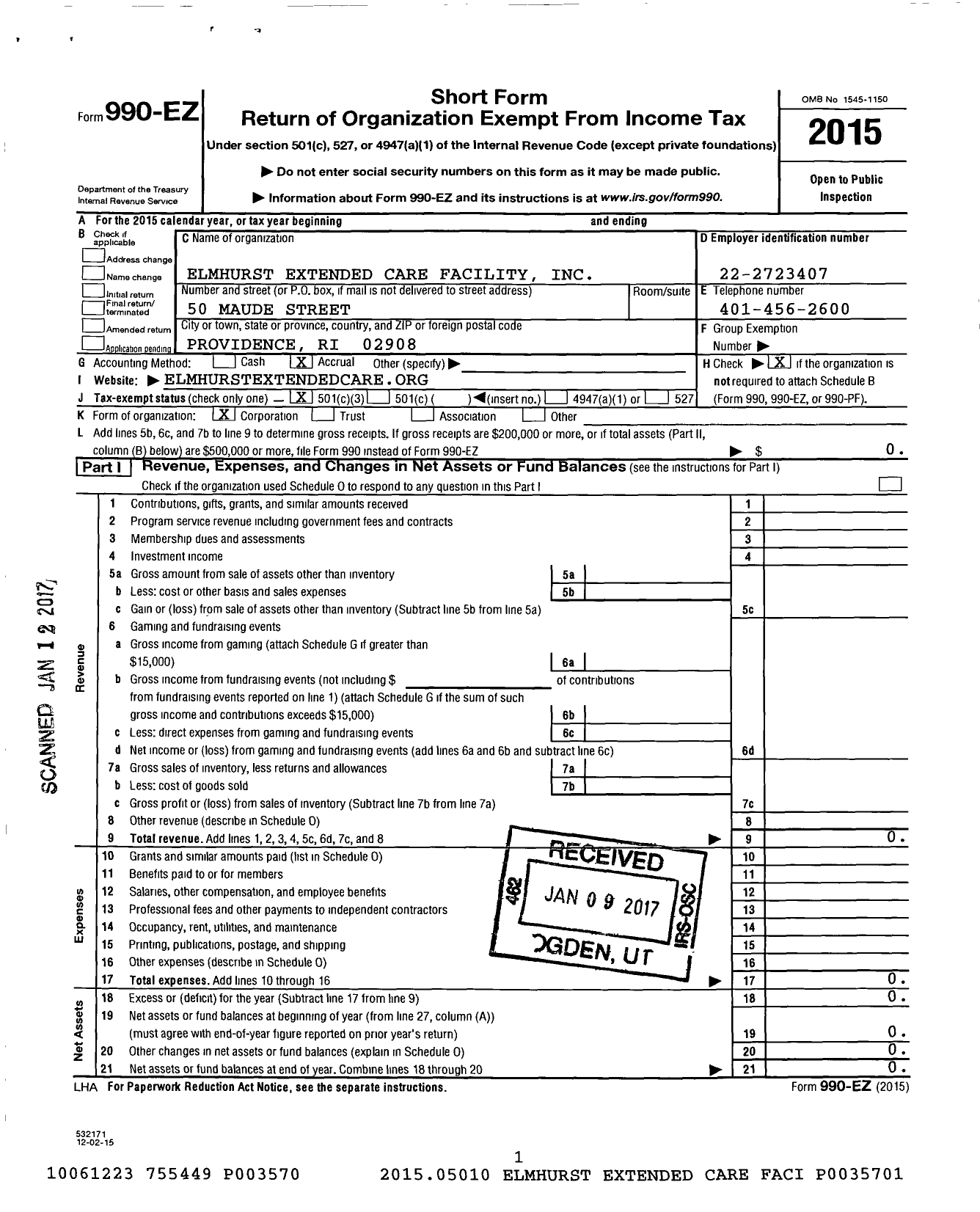 Image of first page of 2015 Form 990EZ for Elmhurst Extended Care Facility