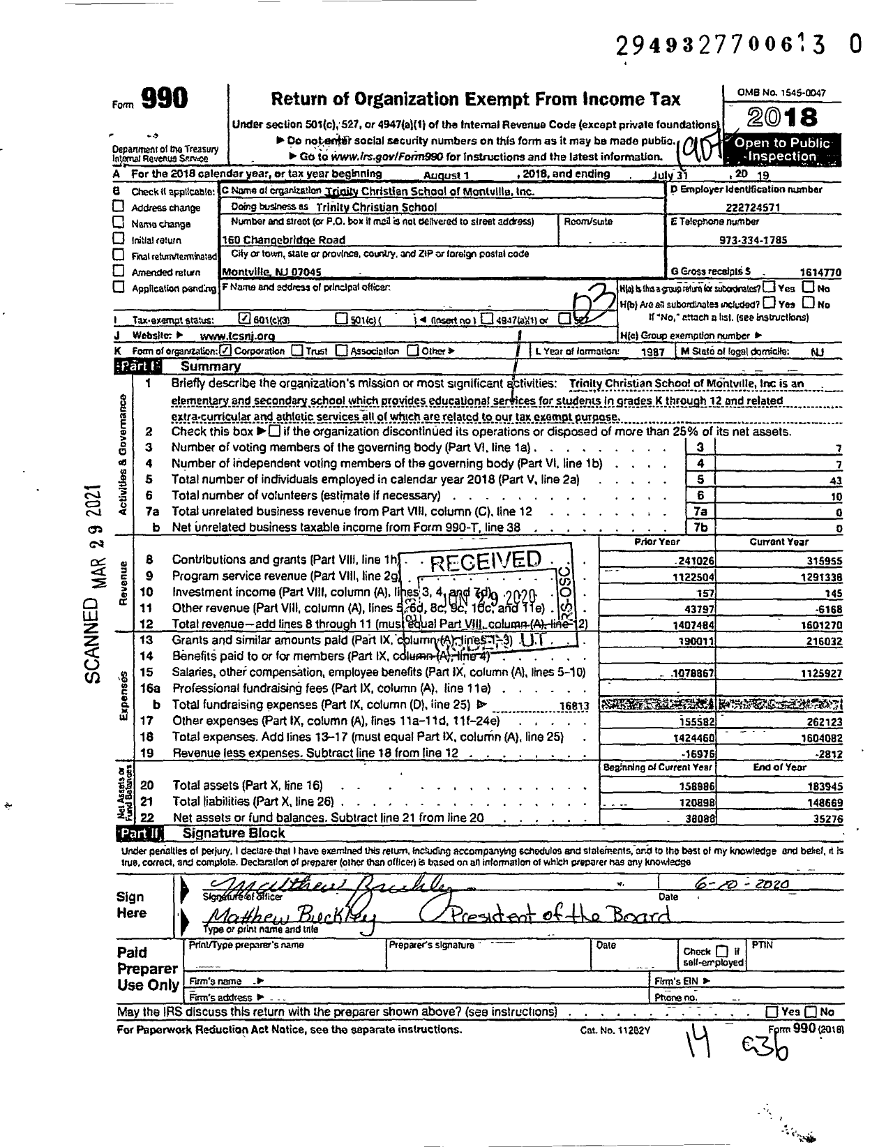 Image of first page of 2018 Form 990 for Trinity Christian School of Montville