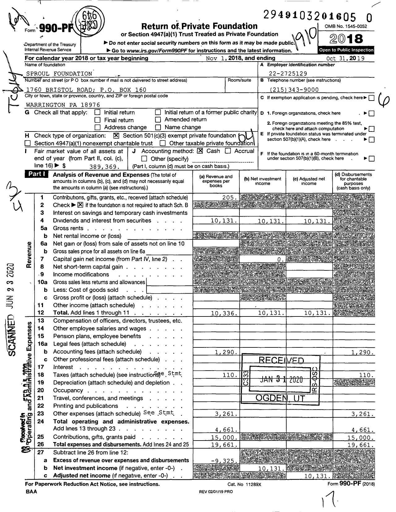 Image of first page of 2018 Form 990PR for Sproul Foundation