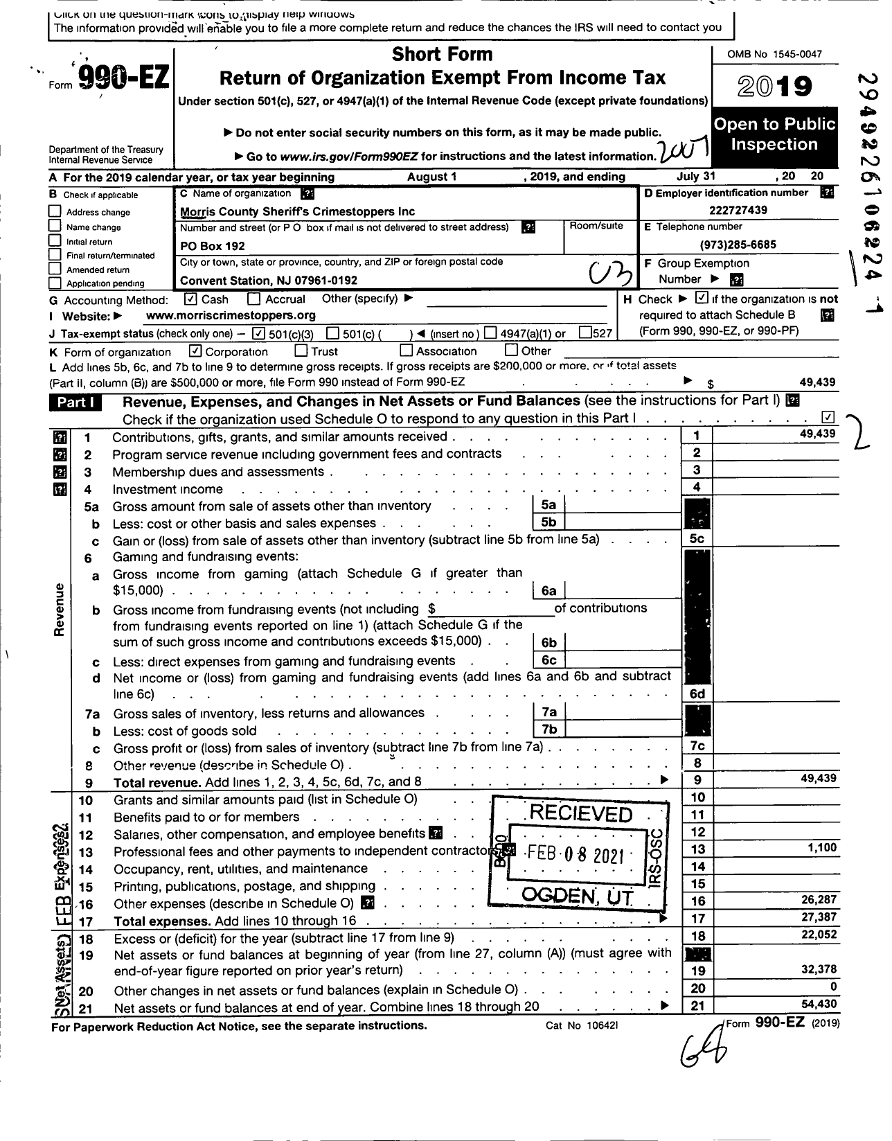 Image of first page of 2019 Form 990EZ for Morris County Sheriff's Crimestoppers