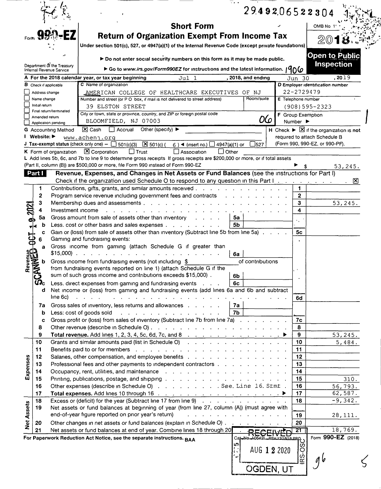 Image of first page of 2018 Form 990EO for Association of Healthcare Executives of NJ