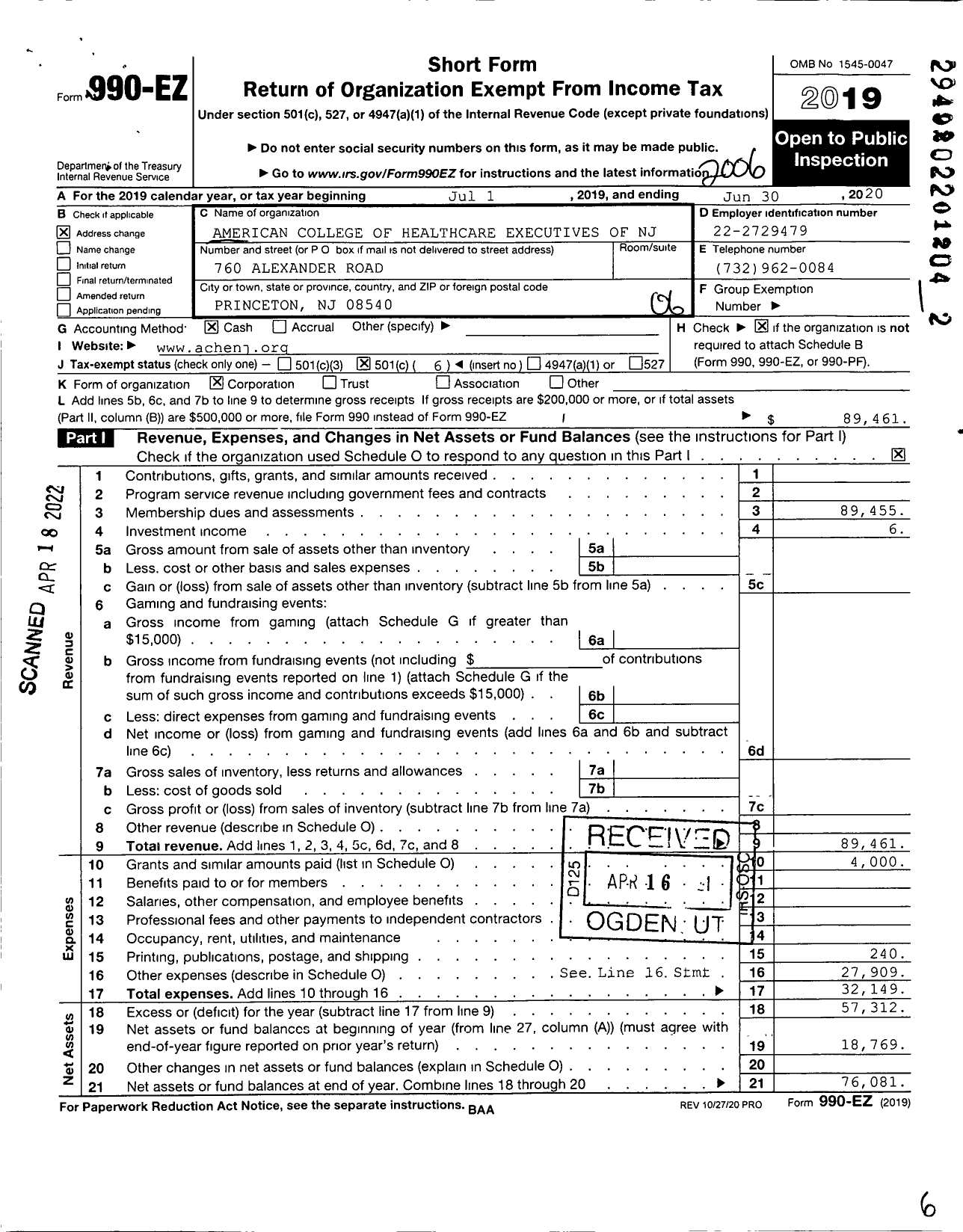 Image of first page of 2019 Form 990EO for Association of Healthcare Executives of NJ