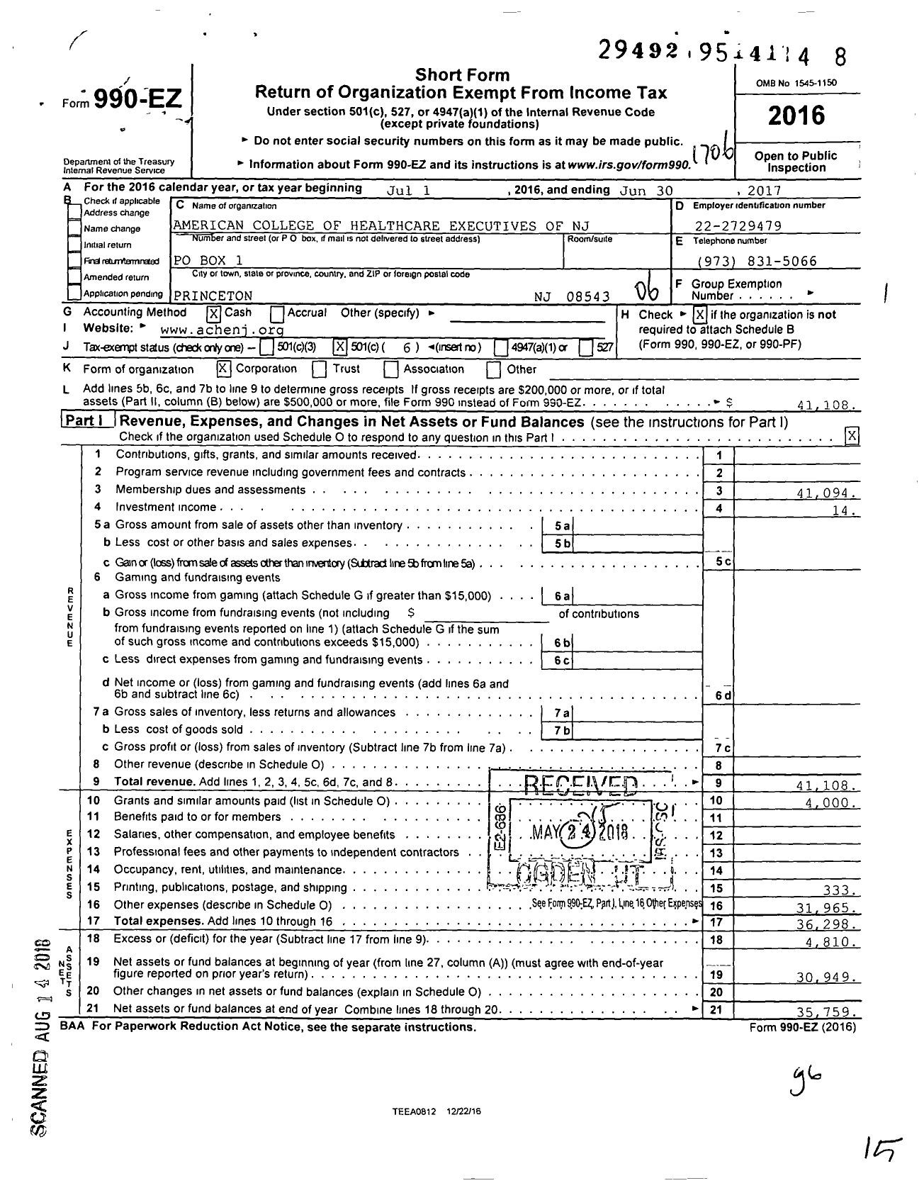 Image of first page of 2016 Form 990EO for Association of Healthcare Executives of NJ