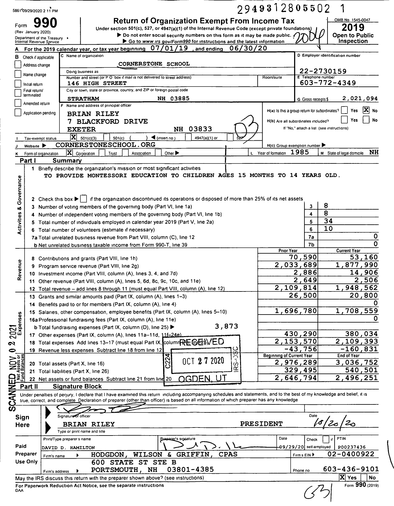 Image of first page of 2019 Form 990 for The Cornerstone School