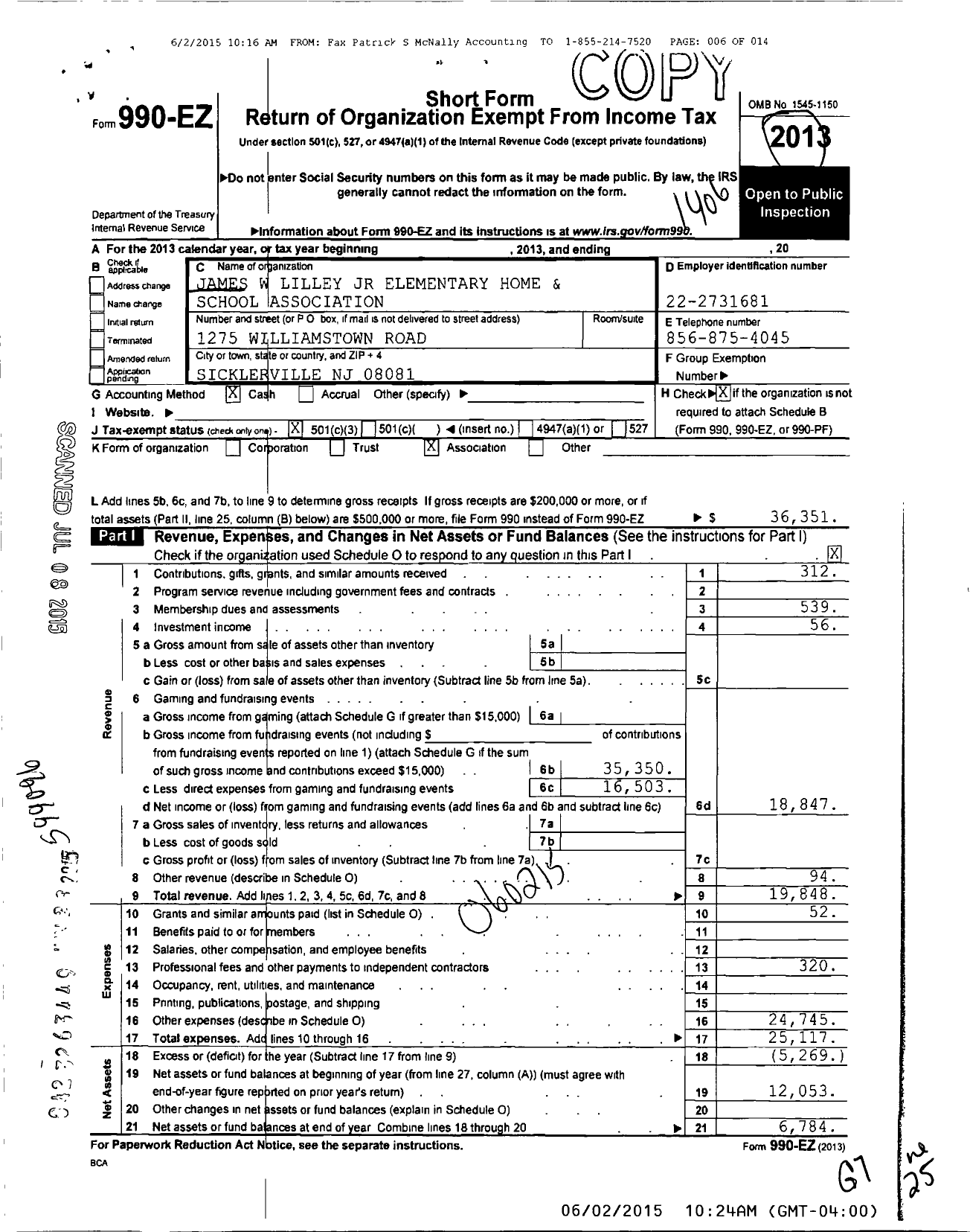 Image of first page of 2013 Form 990EZ for James W Lilley JR Elementary Home and School Association