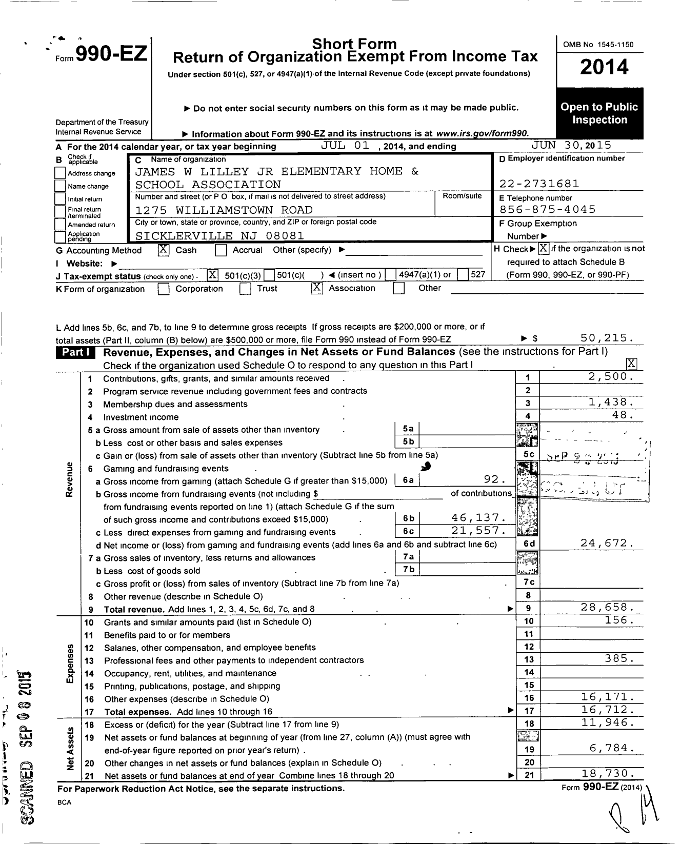 Image of first page of 2014 Form 990EZ for James W Lilley JR Elementary Home and School Association