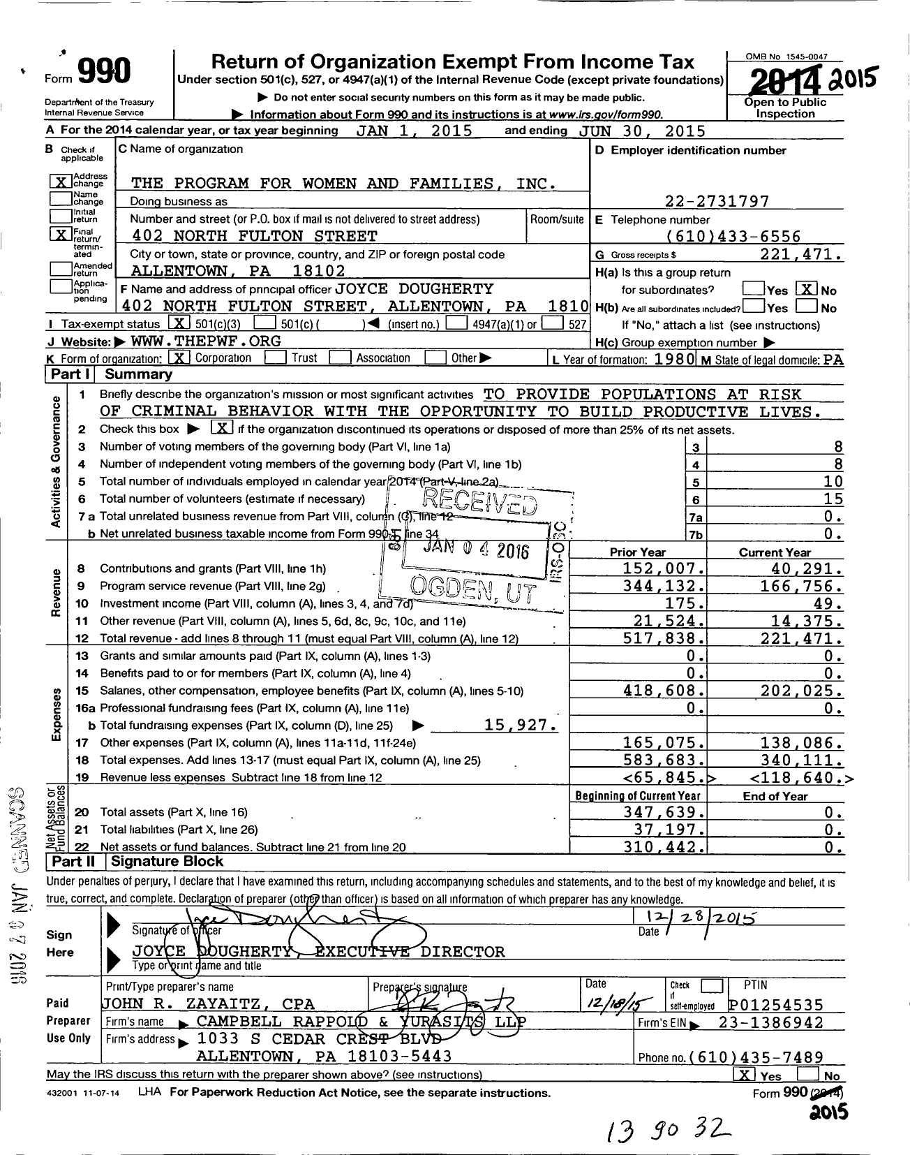Image of first page of 2014 Form 990 for The Program for Women and Families