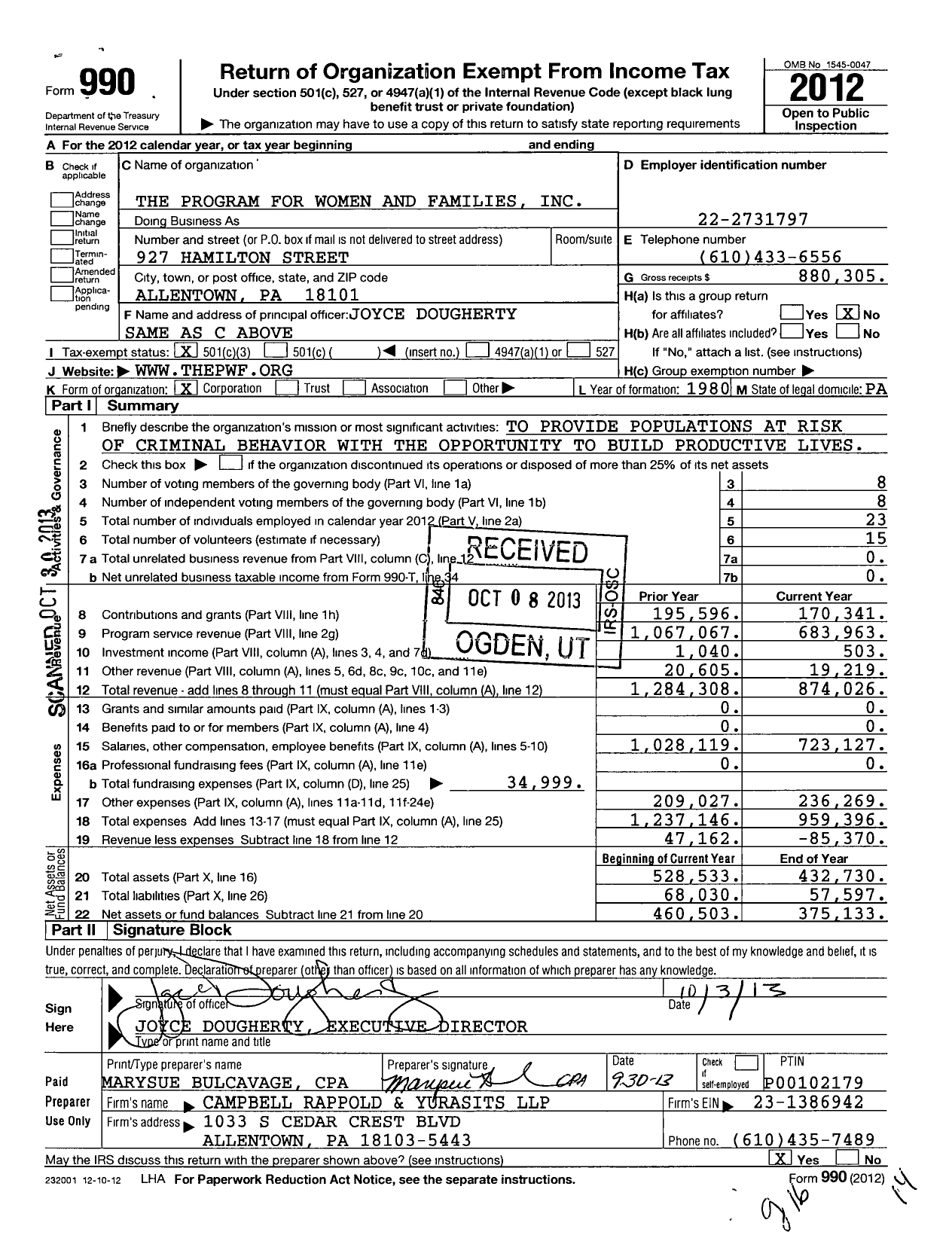 Image of first page of 2012 Form 990 for The Program for Women and Families