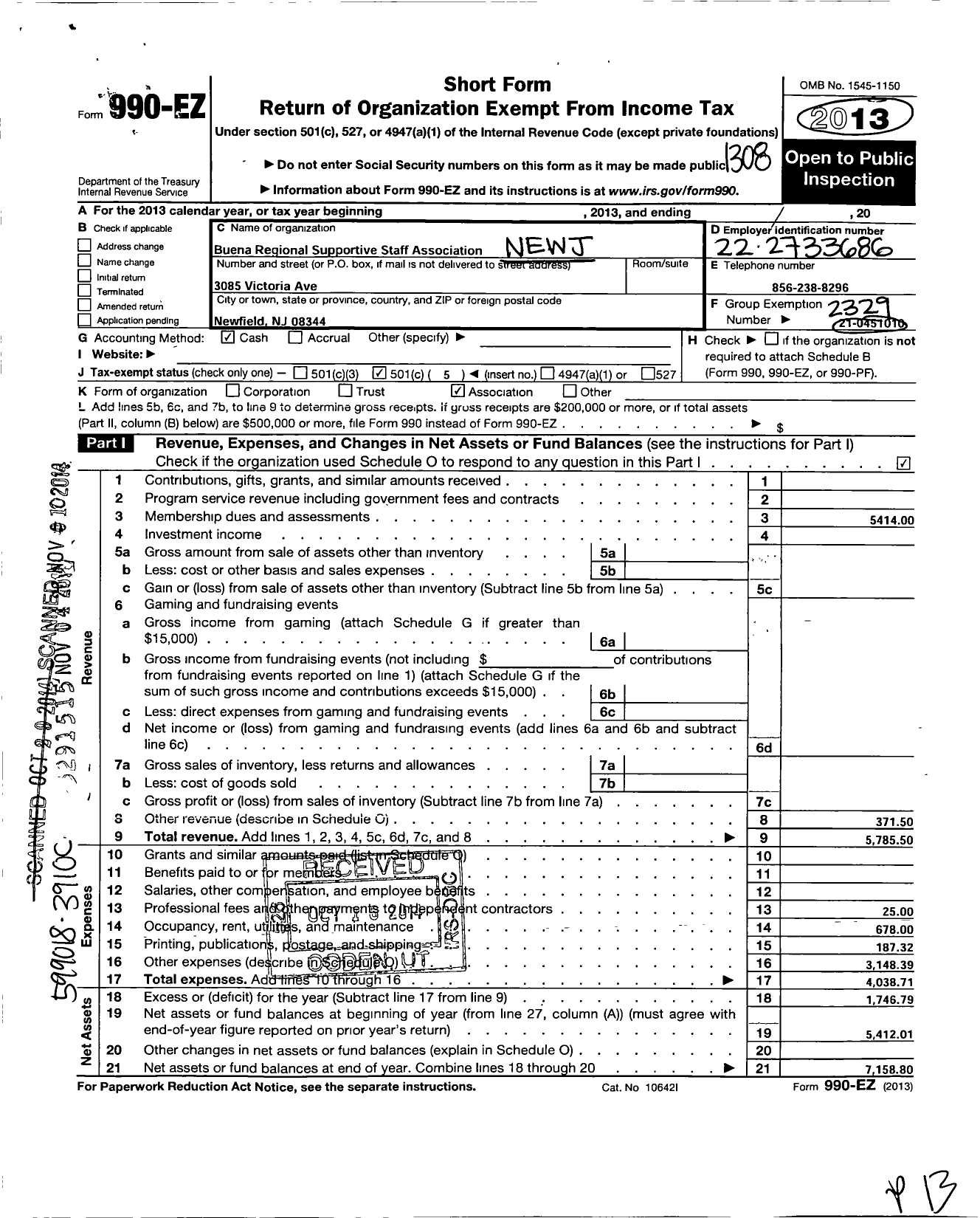 Image of first page of 2012 Form 990EO for New Jersey Education Association - Buena Reg Support Staff Assn