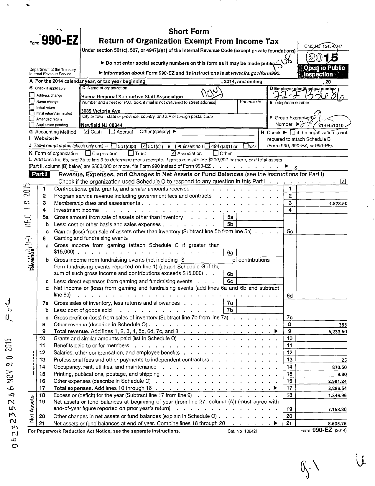 Image of first page of 2014 Form 990EO for New Jersey Education Association - Buena Reg Support Staff Assn