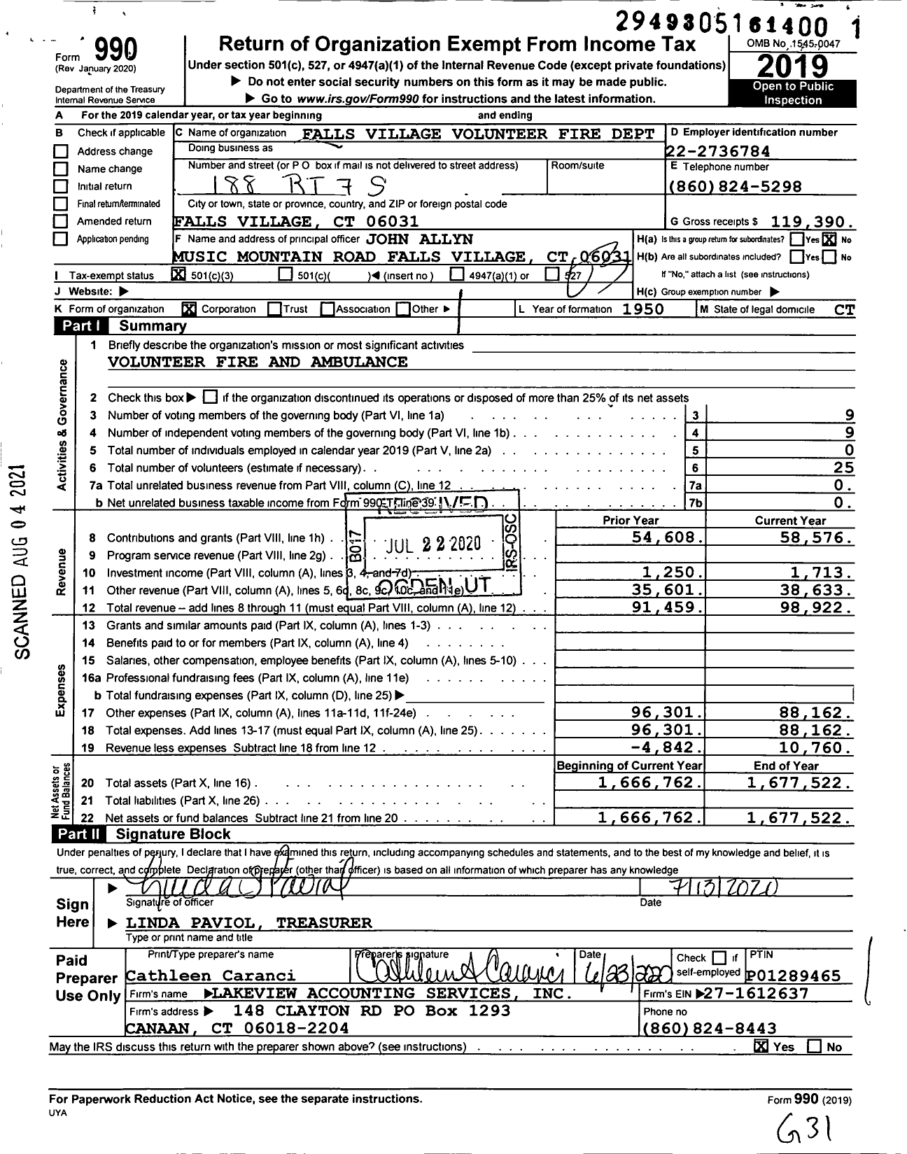 Image of first page of 2019 Form 990 for Falls Village Volunteer Fire Dept