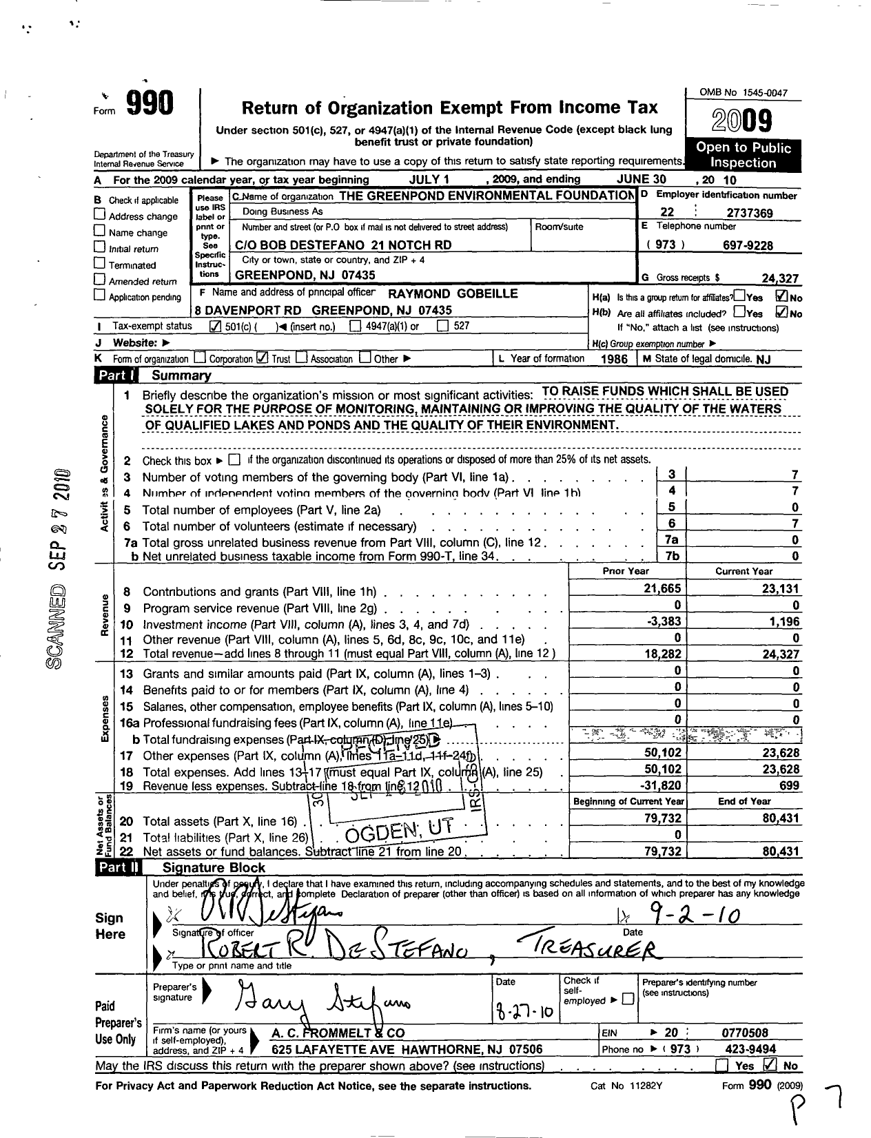 Image of first page of 2009 Form 990O for The Green Pond Environmental Foundation