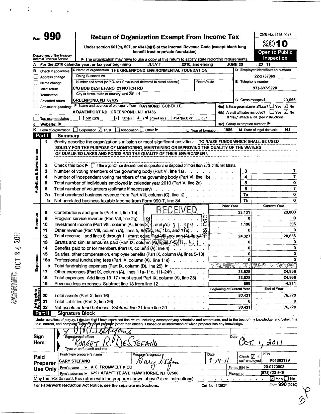 Image of first page of 2010 Form 990O for The Green Pond Environmental Foundation