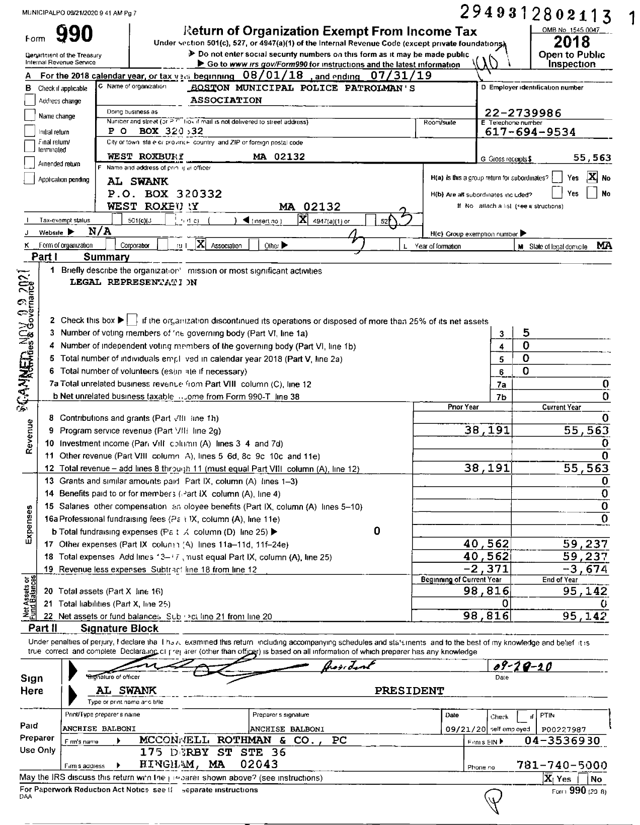Image of first page of 2018 Form 990 for Boston Municipal Police Patrolman's Association