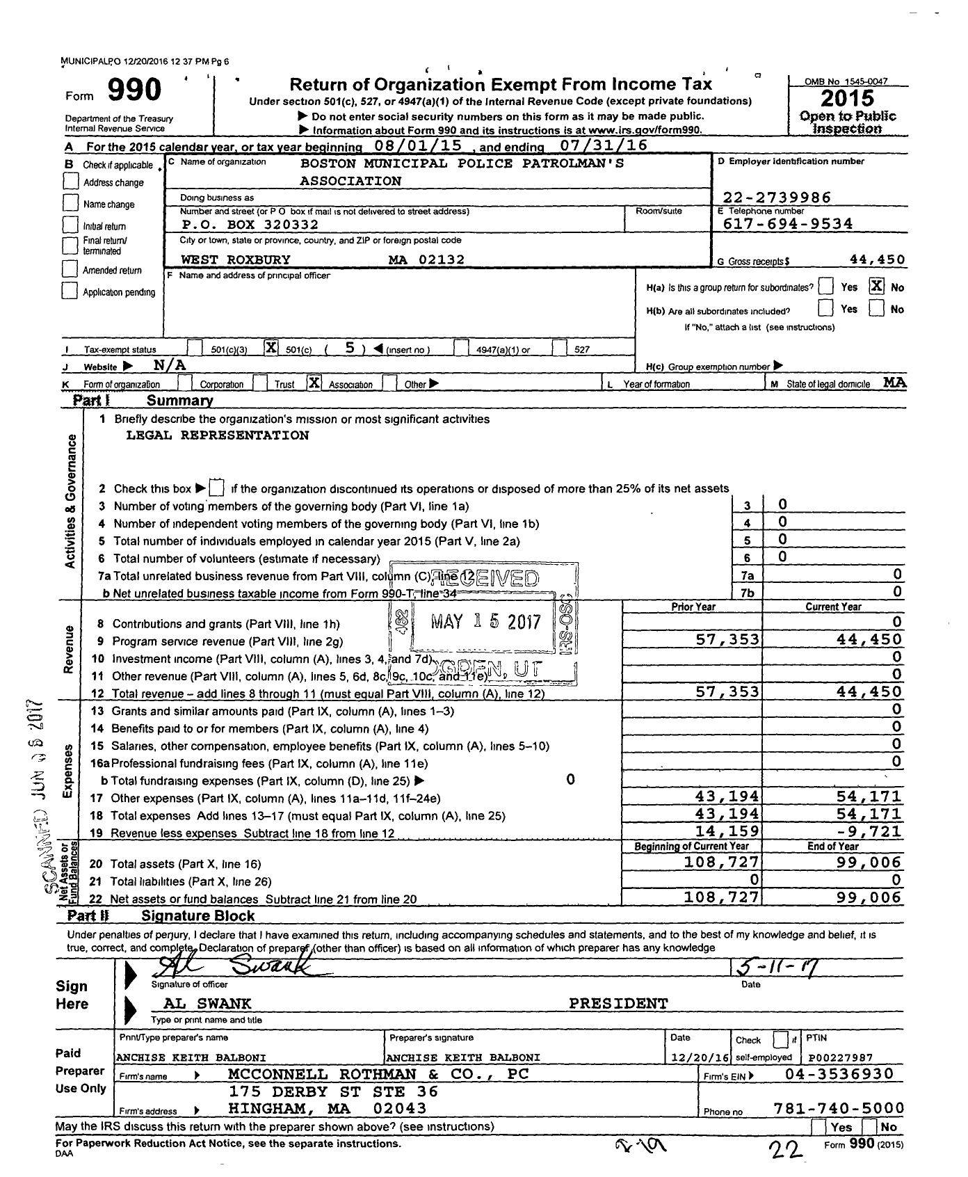 Image of first page of 2015 Form 990O for Boston Municipal Police Patrolman's Association