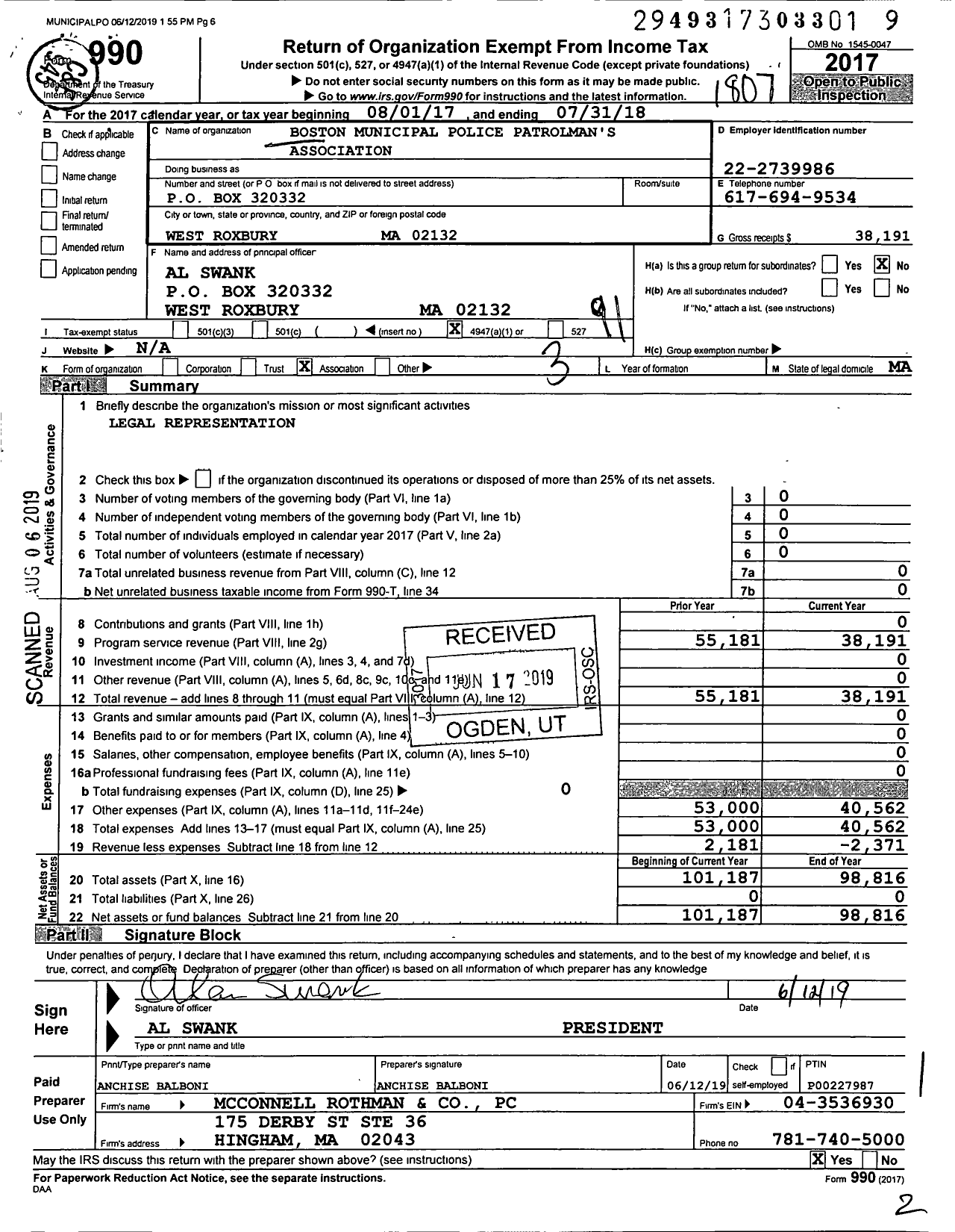 Image of first page of 2017 Form 990O for Boston Municipal Police Patrolman's Association