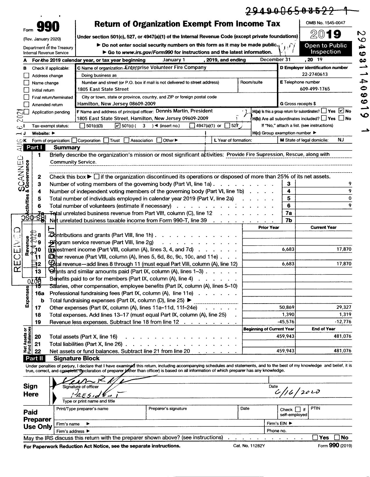 Image of first page of 2019 Form 990 for Enterprise Volunteer Fire Company