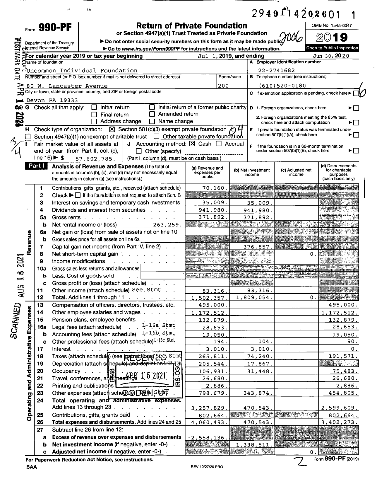 Image of first page of 2019 Form 990PF for Uncommon Individual Foundation