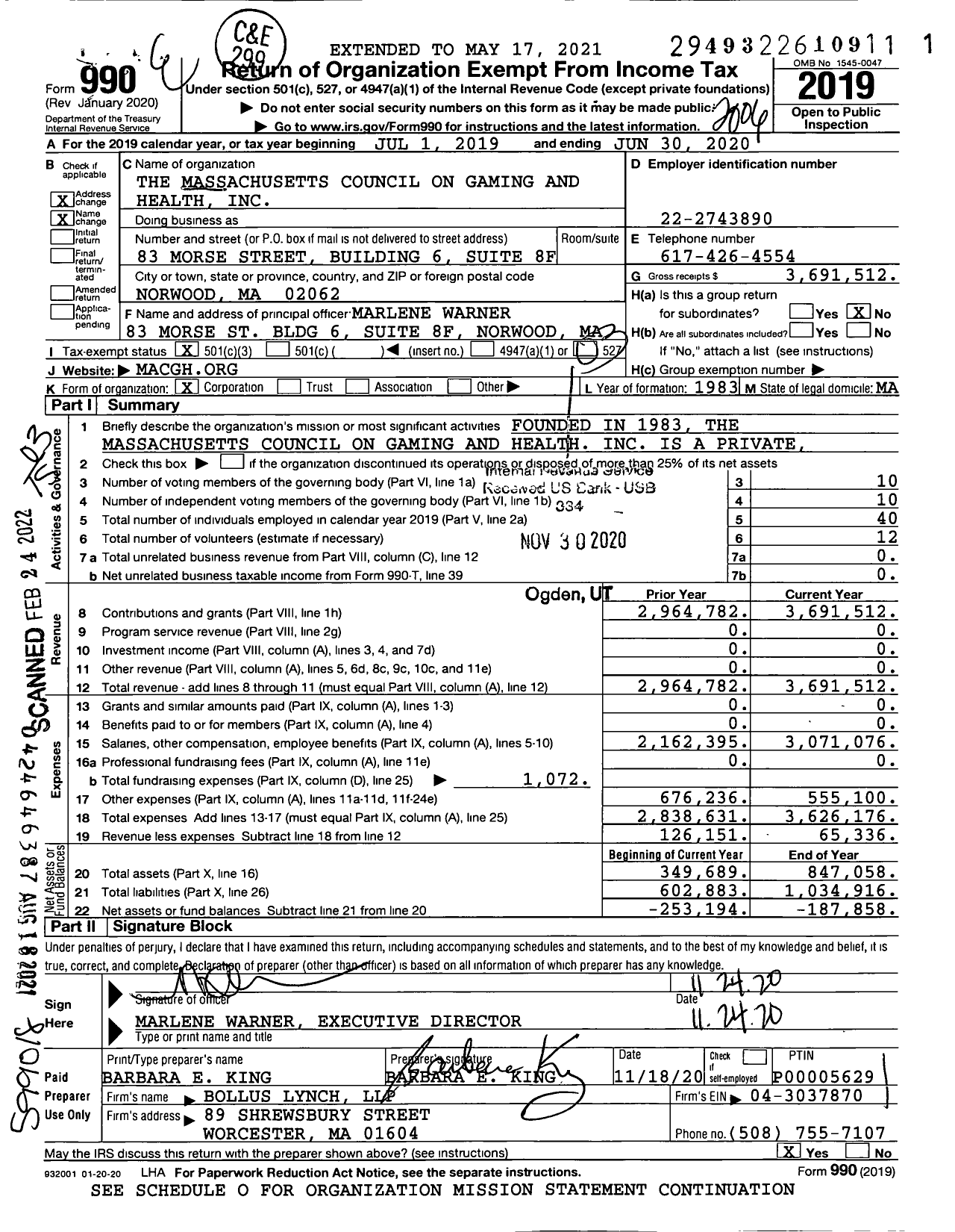 Image of first page of 2019 Form 990 for The Massachusetts Council on Gaming and Health