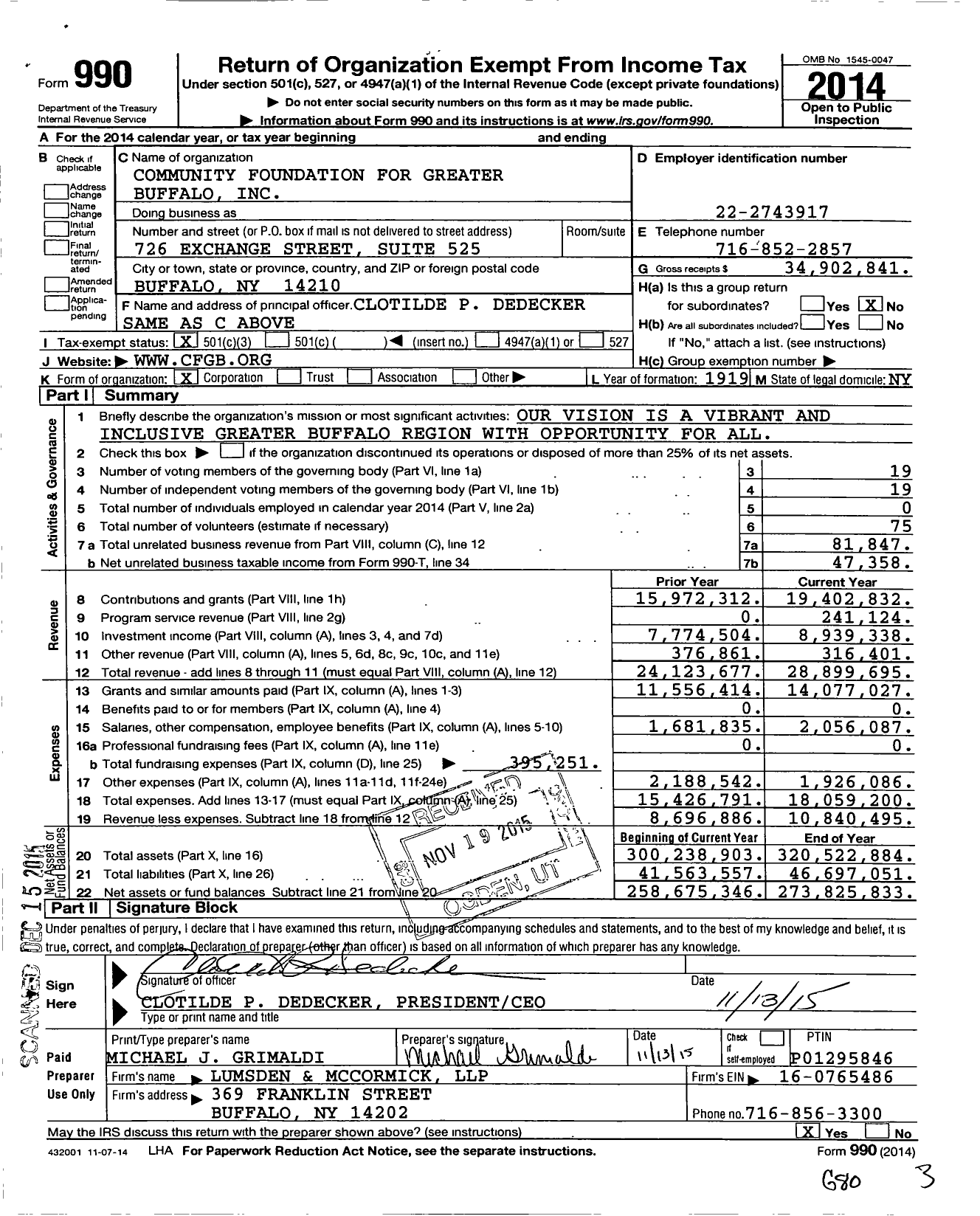 Image of first page of 2014 Form 990 for Community Foundation for Greater Buffalo (CFGB)