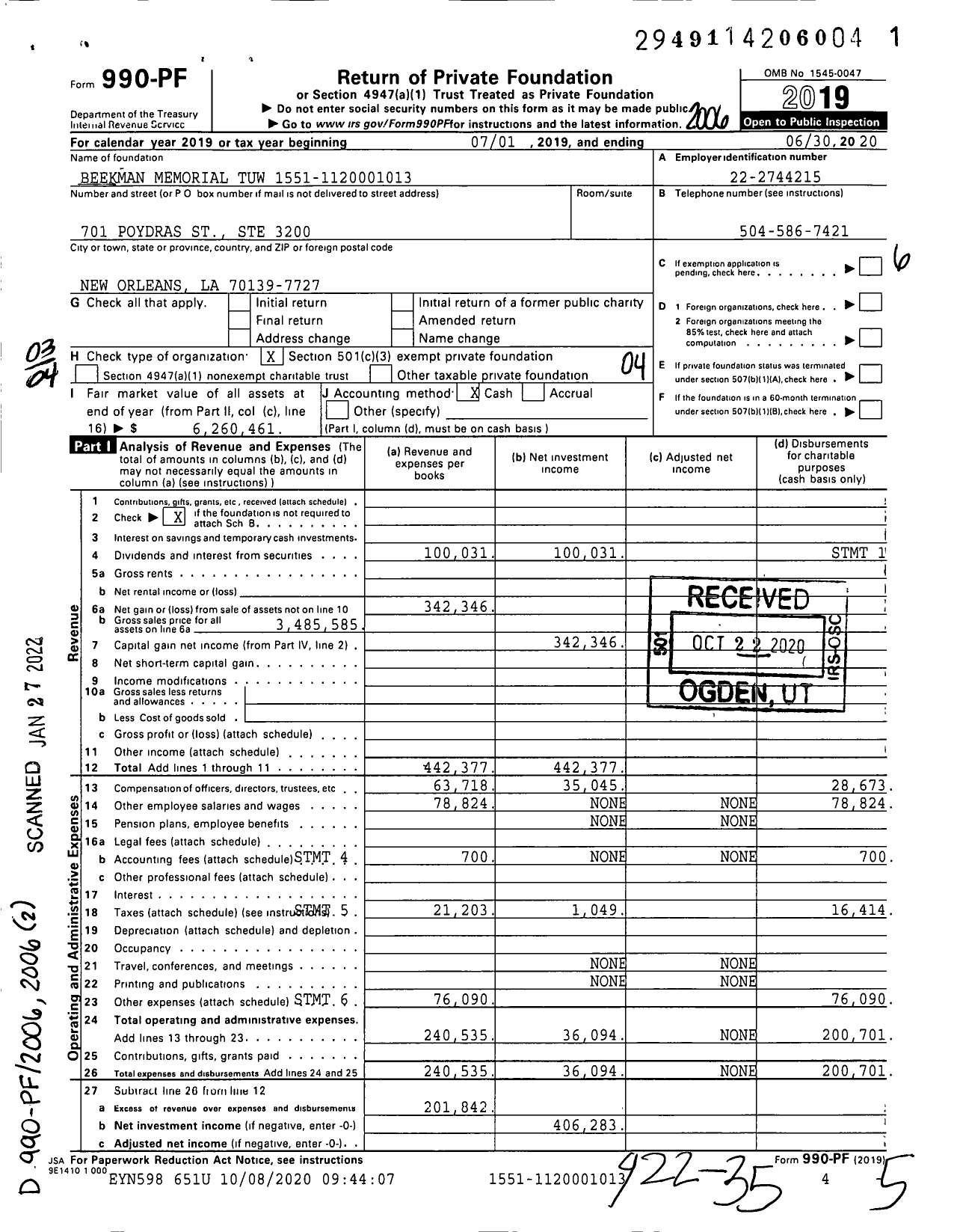 Image of first page of 2019 Form 990PF for Beekman Memorial Tuw 15110-1120001013