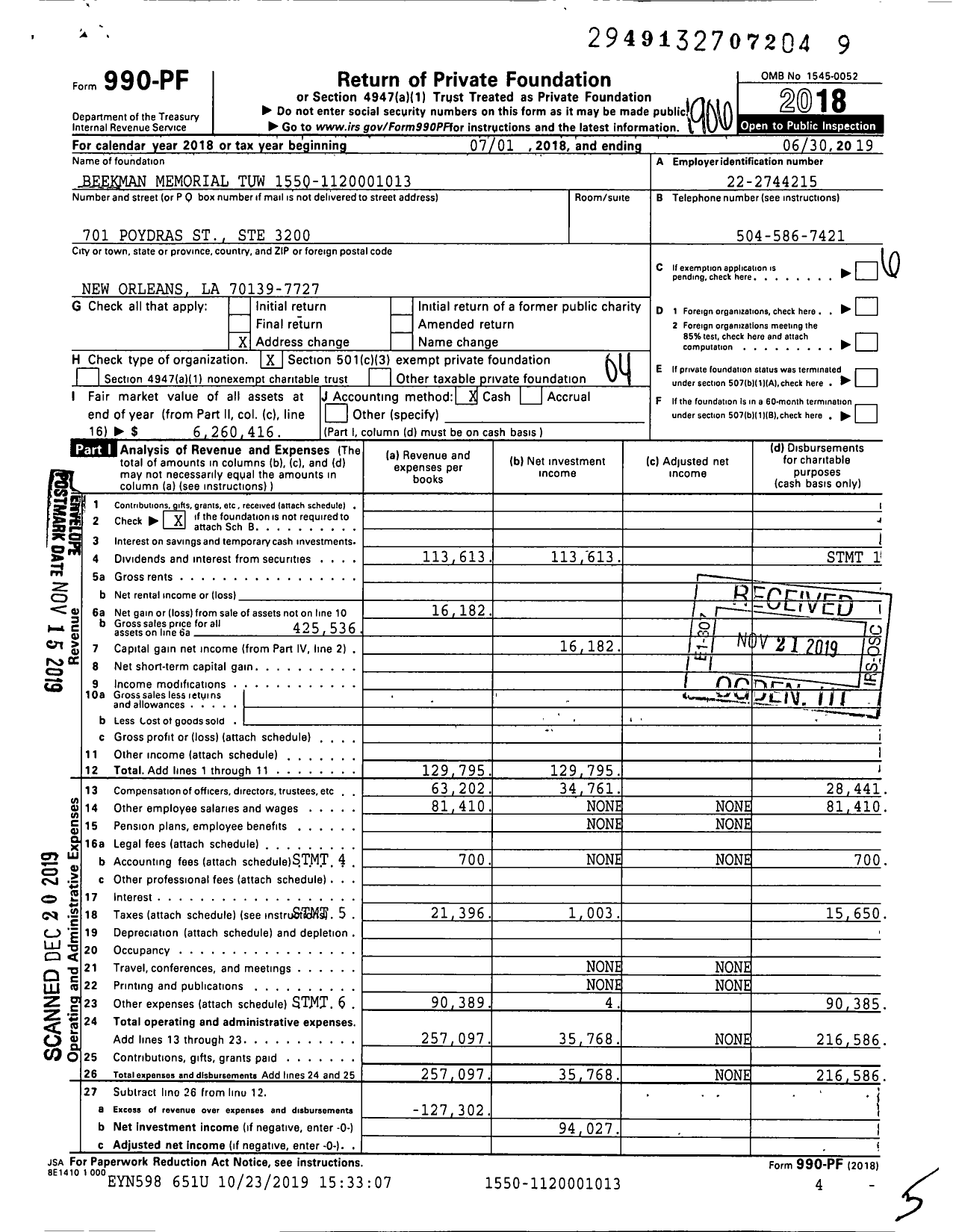 Image of first page of 2018 Form 990PF for Beekman Memorial Tuw 15110-1120001013