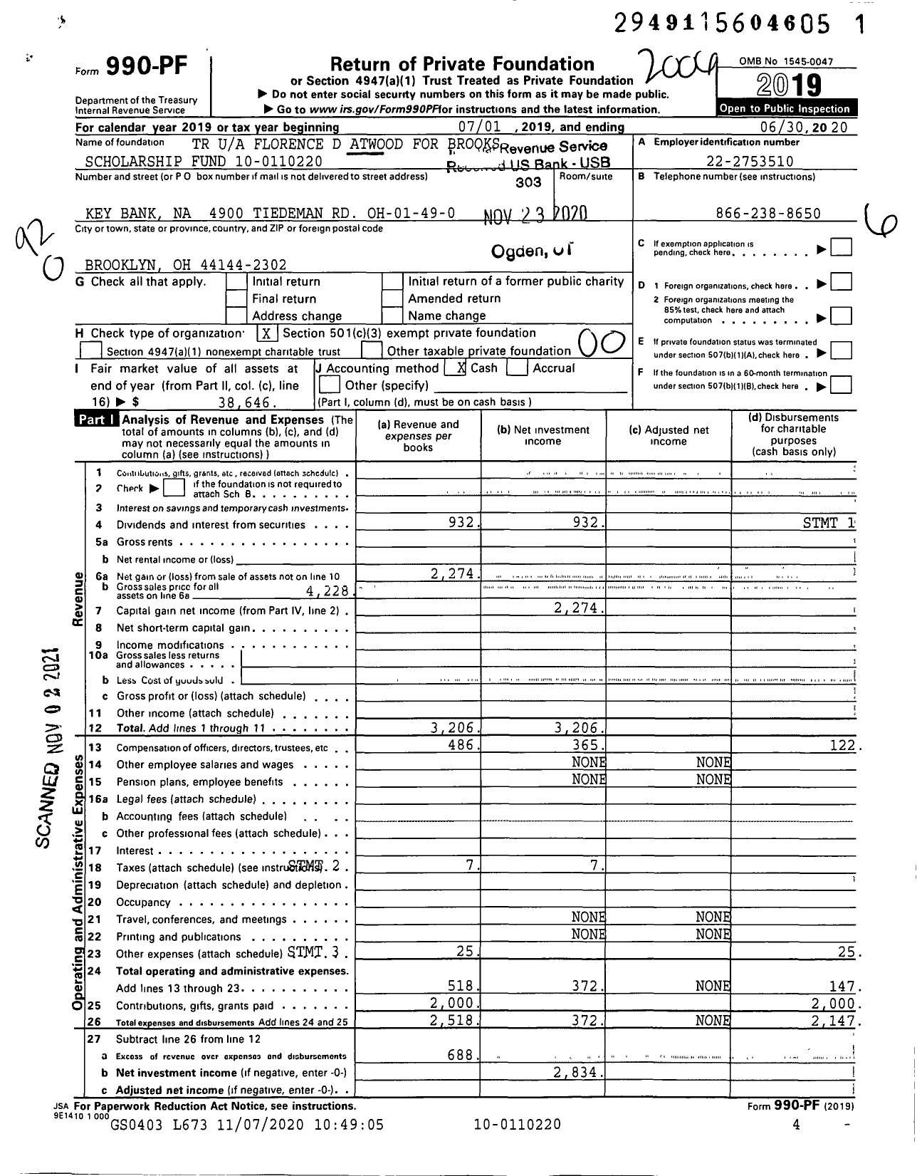 Image of first page of 2019 Form 990PF for TR Florence D Atwood for Brooks