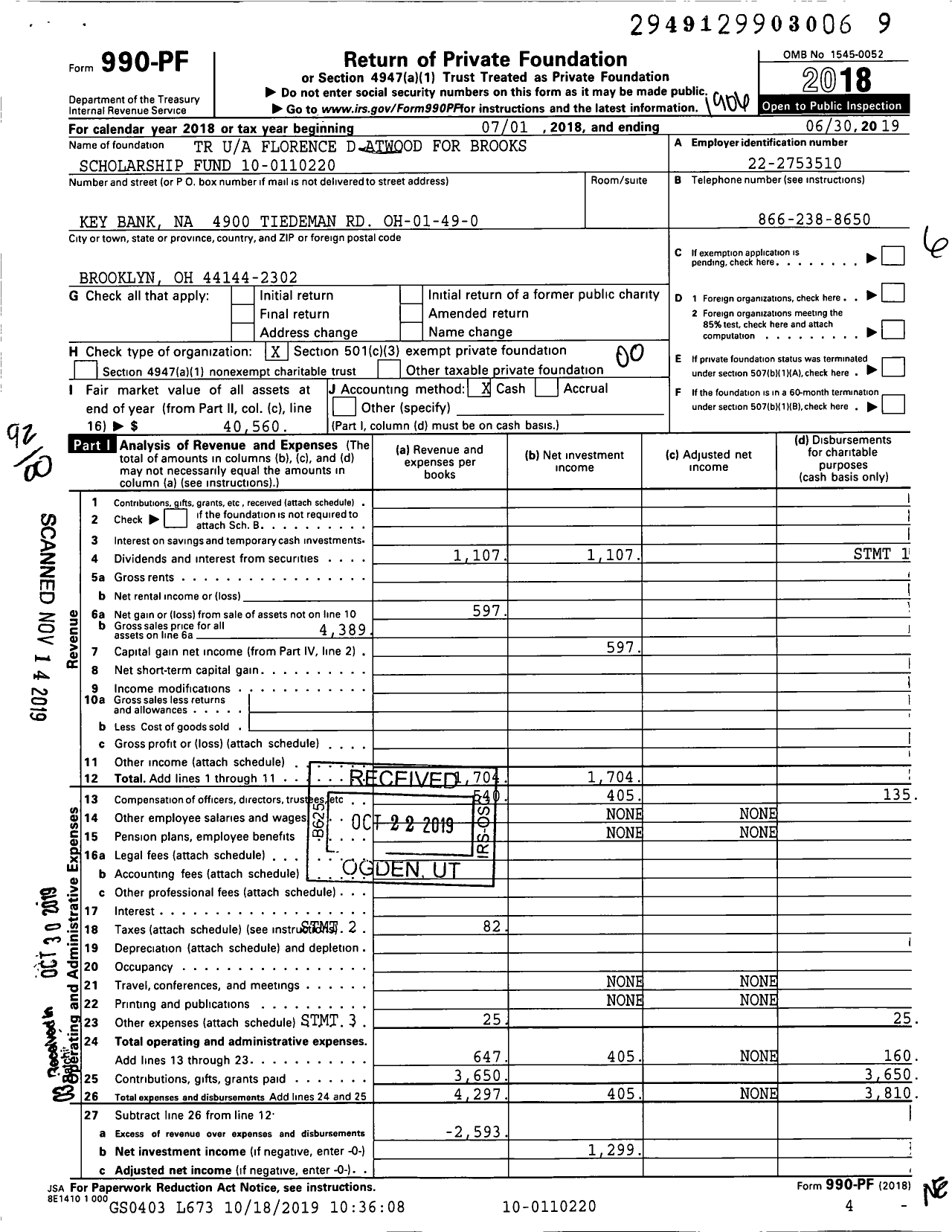 Image of first page of 2018 Form 990PF for TR Florence D Atwood for Brooks