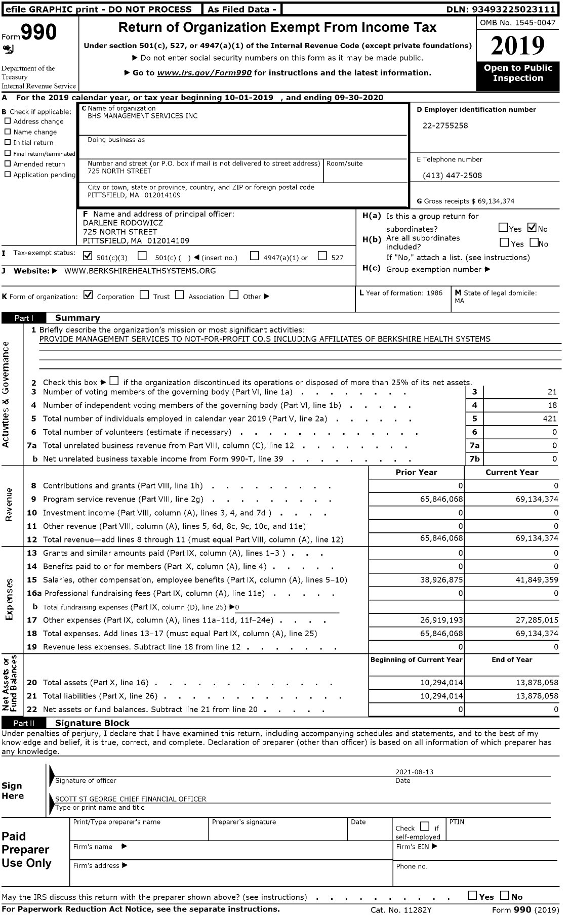 Image of first page of 2019 Form 990 for BHS Management Services (BHS)