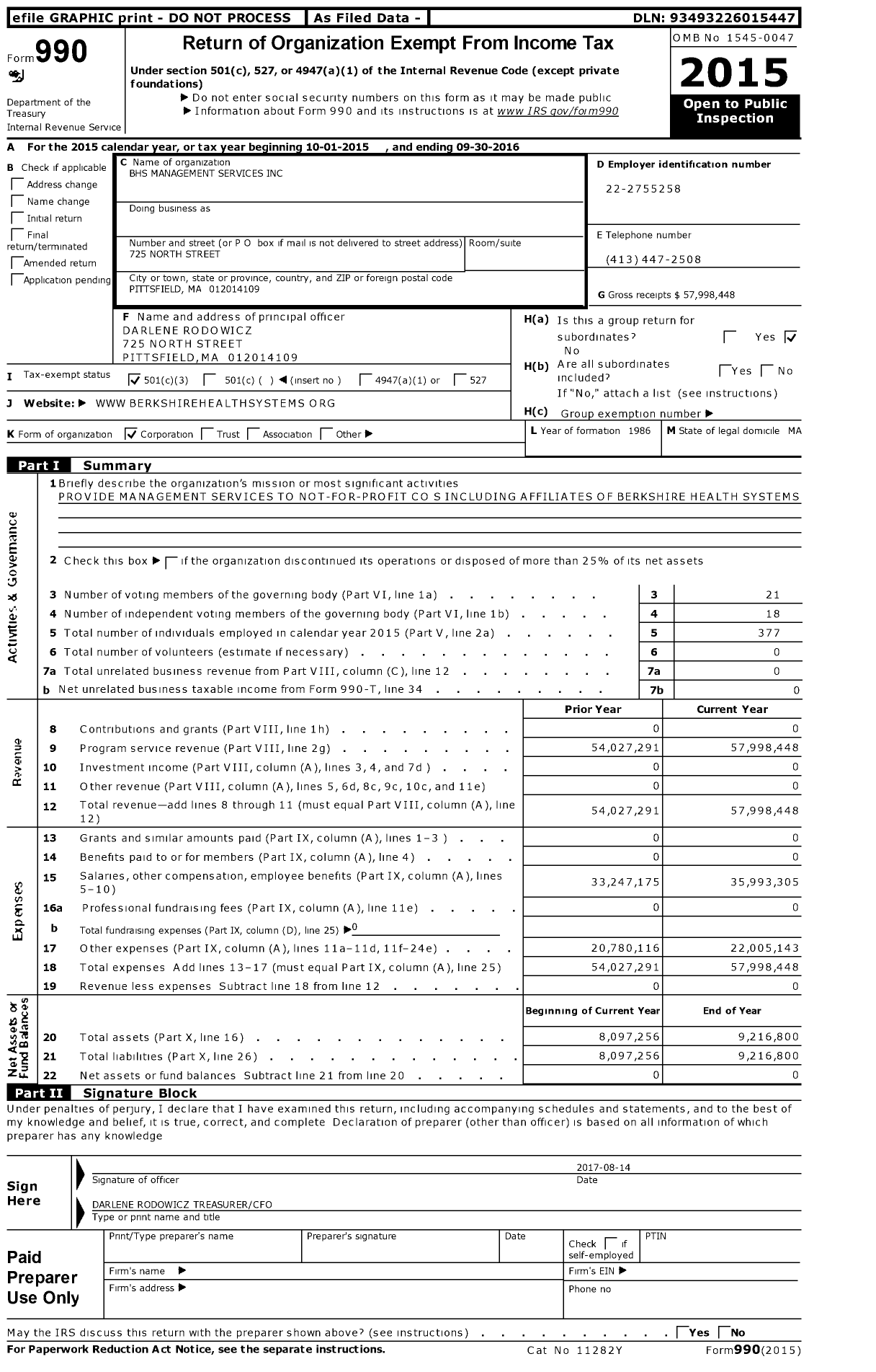 Image of first page of 2015 Form 990 for BHS Management Services (BHS)
