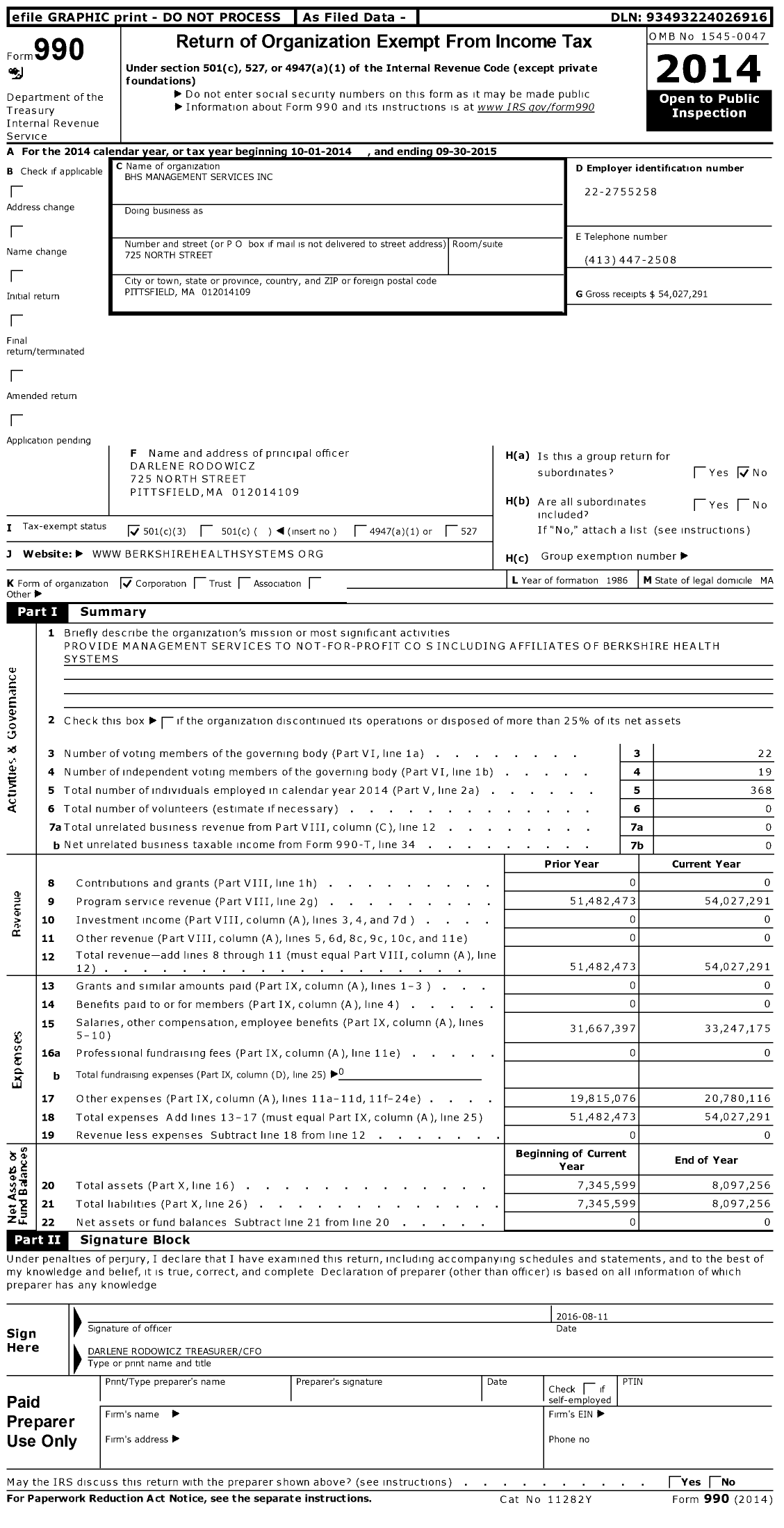 Image of first page of 2014 Form 990 for BHS Management Services (BHS)