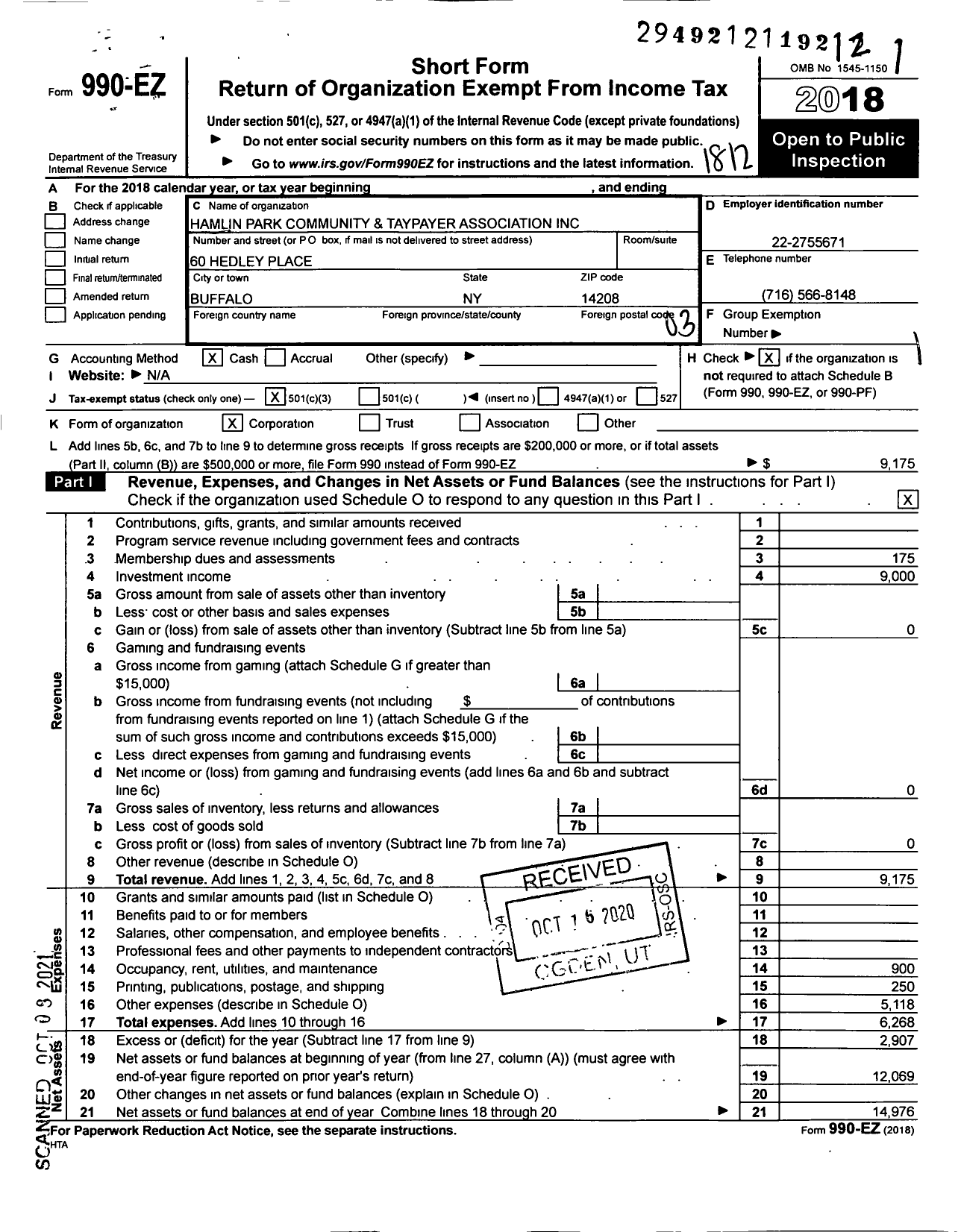 Image of first page of 2018 Form 990EZ for Hamlin Park Community and Taypayer Association