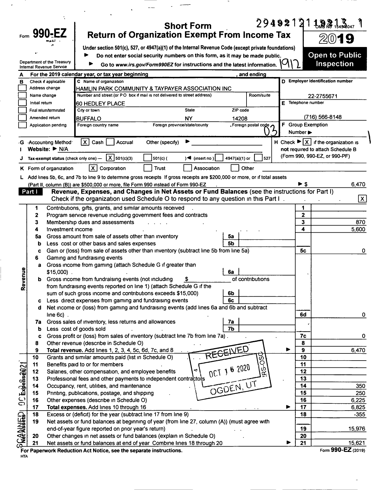 Image of first page of 2019 Form 990EZ for Hamlin Park Community and Taypayer Association