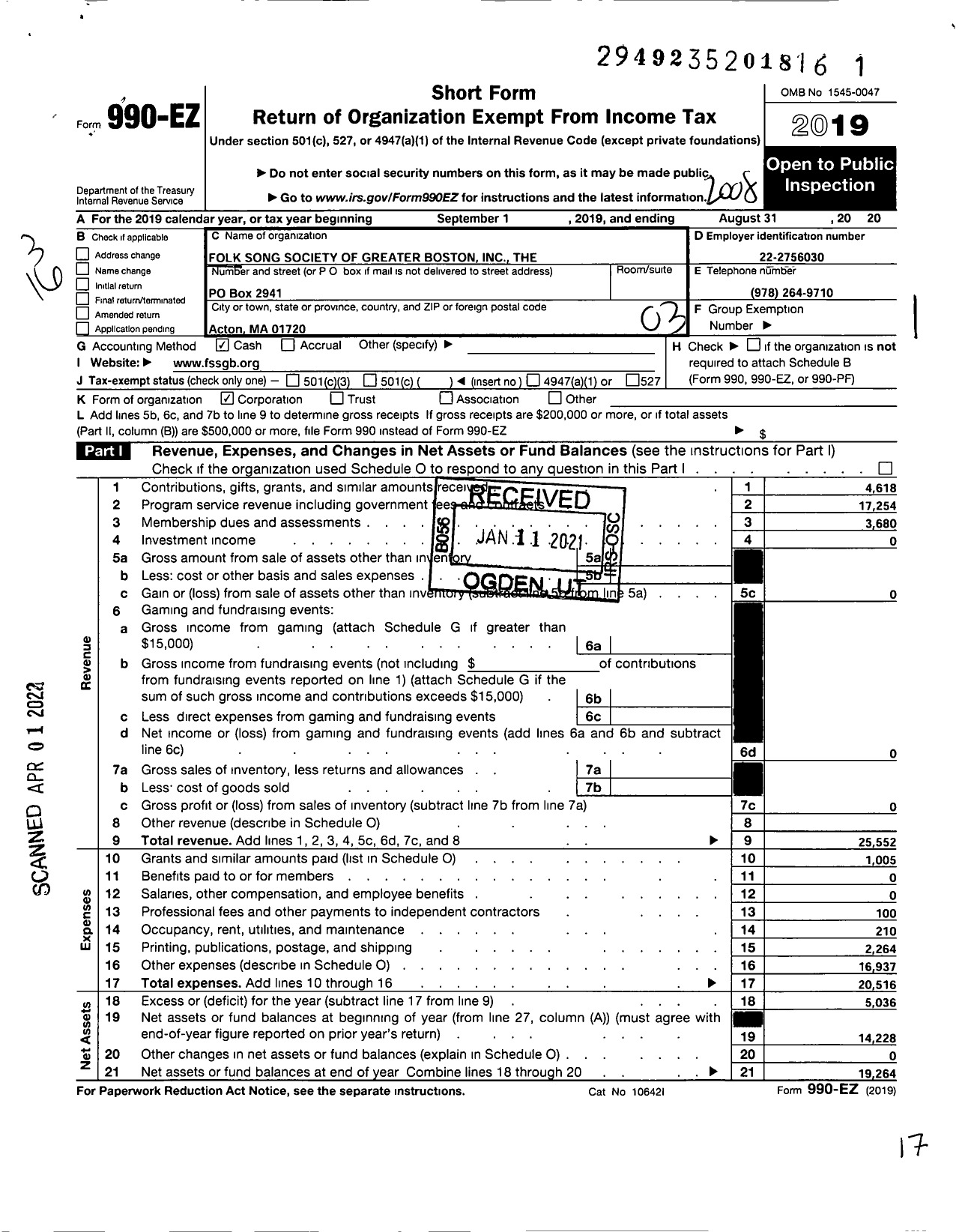 Image of first page of 2019 Form 990EZ for The Folk Song Society of Greater Boston