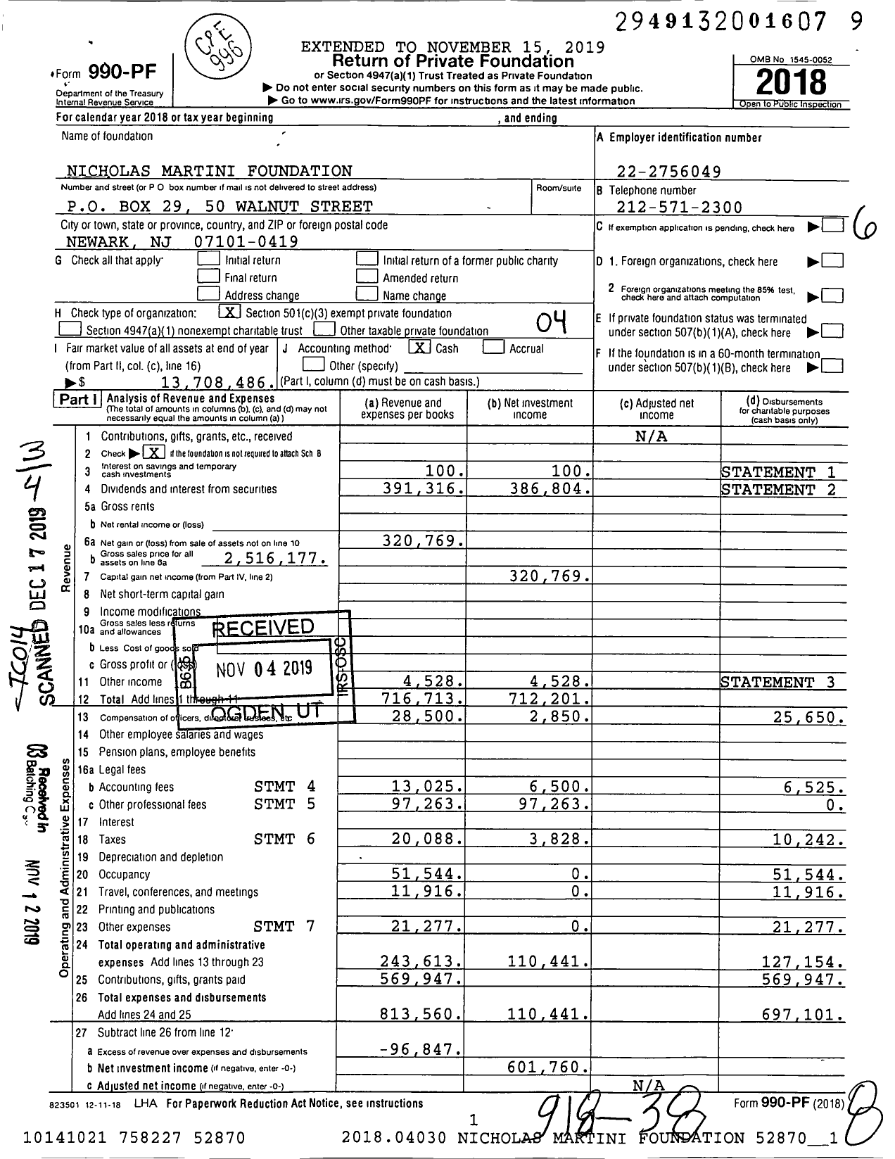 Image of first page of 2018 Form 990PF for Nicholas Martini Foundation